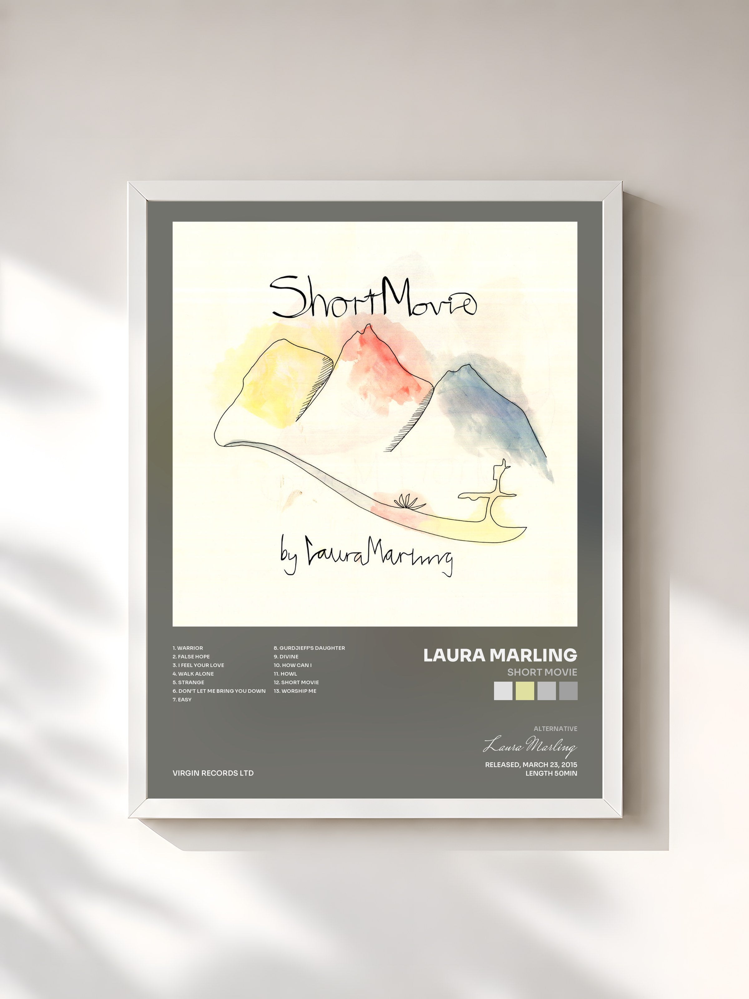 #blanc Tableau de l'album Short Movie de Laura Marling, cadre blanc, imprimé et encadré en France