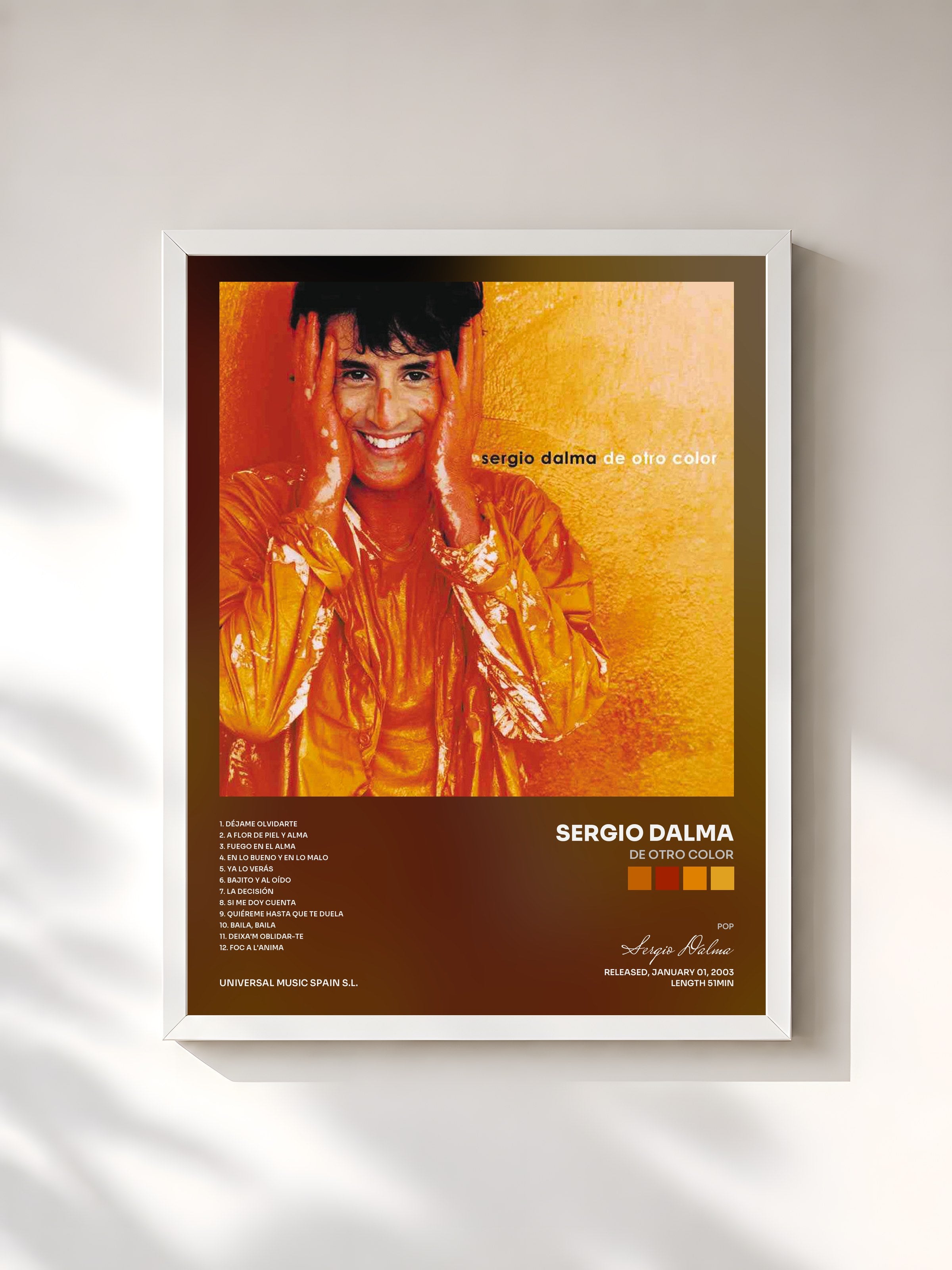 #blanc Tableau de l'album De Otro Color de Sergio Dalma, cadre blanc, imprimé et encadré en France