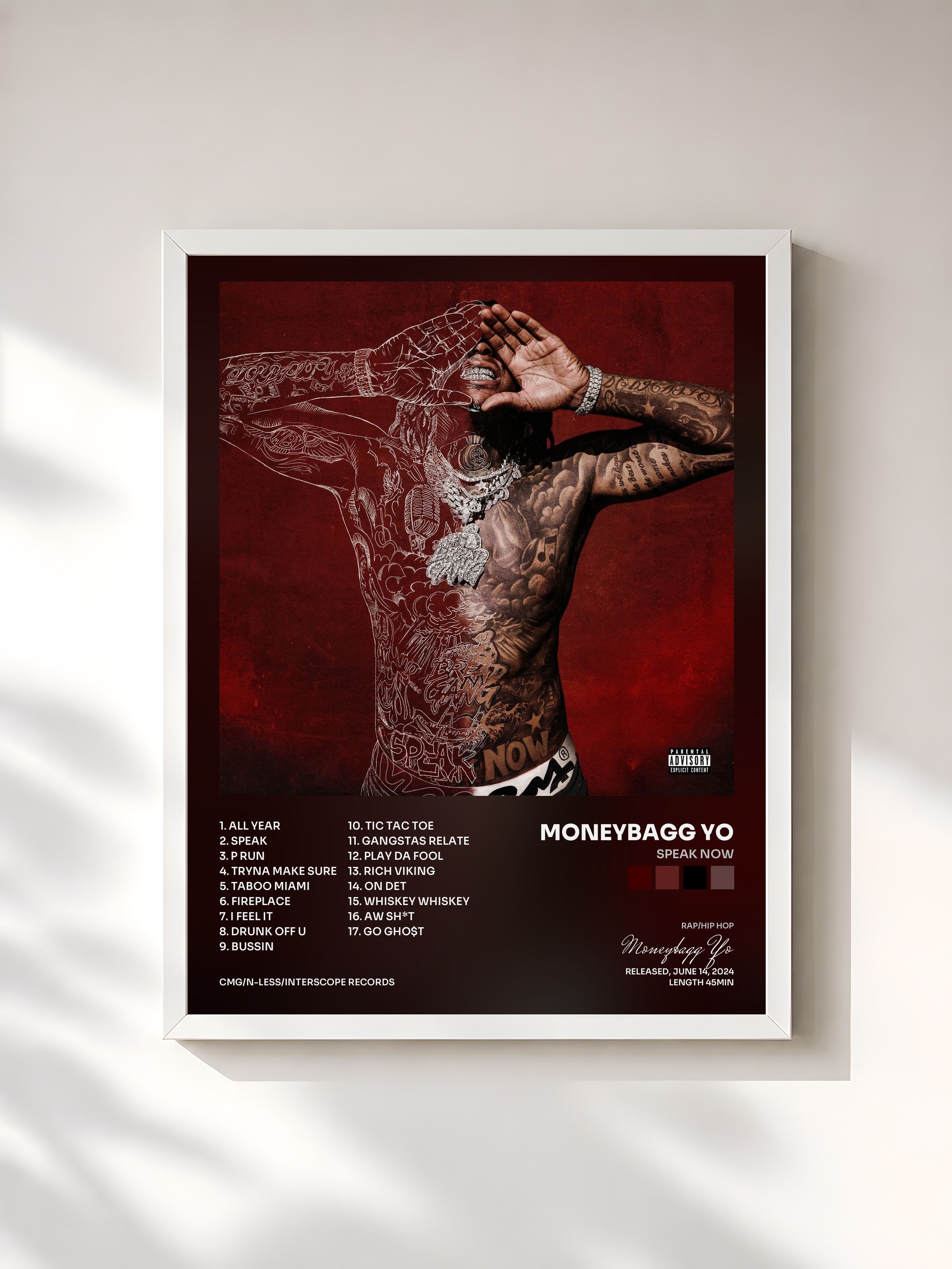 #blanc Tableau de l'album SPEAK NOW de Moneybagg Yo, cadre blanc, imprimé et encadré en France