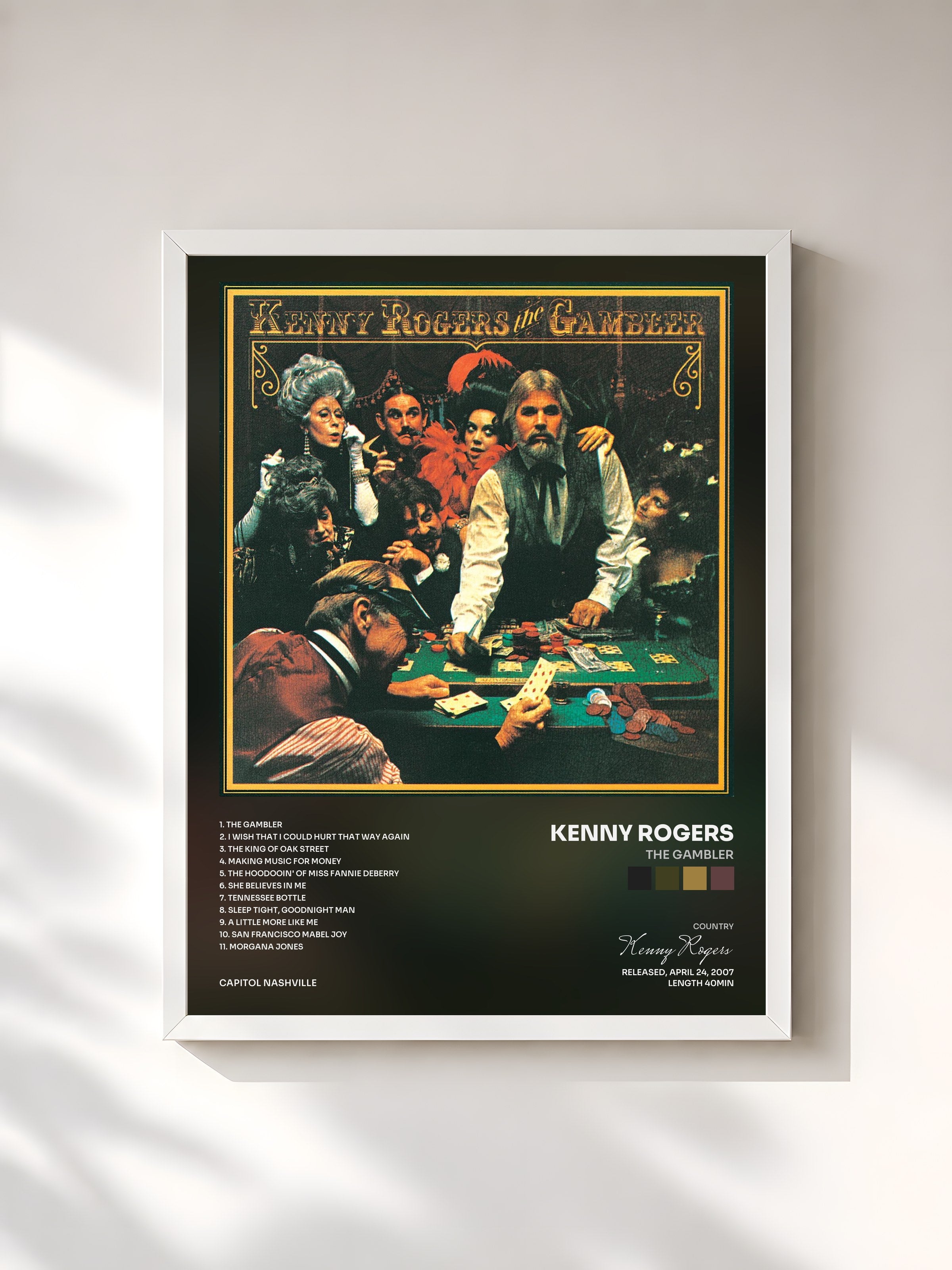 #blanc Tableau de l'album The Gambler de Kenny Rogers, cadre blanc, imprimé et encadré en France