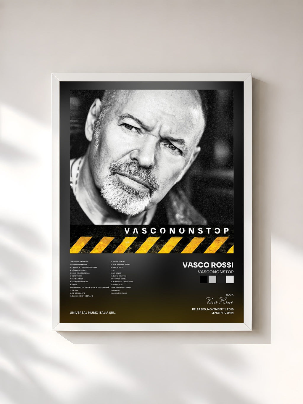 #blanc Tableau de l'album VASCONONSTOP de Vasco Rossi, cadre blanc, imprimé et encadré en France