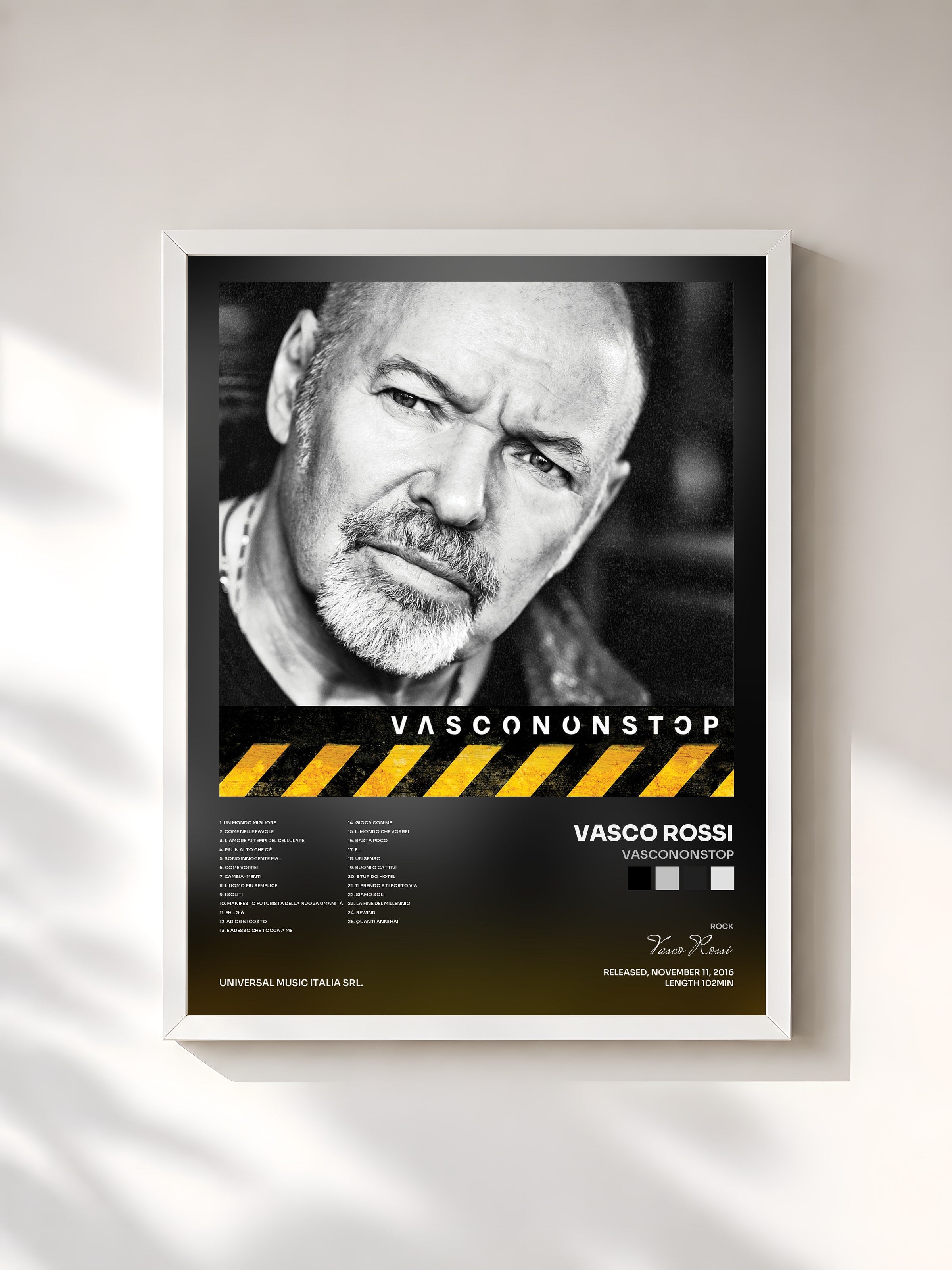 #blanc Tableau de l'album VASCONONSTOP de Vasco Rossi, cadre blanc, imprimé et encadré en France