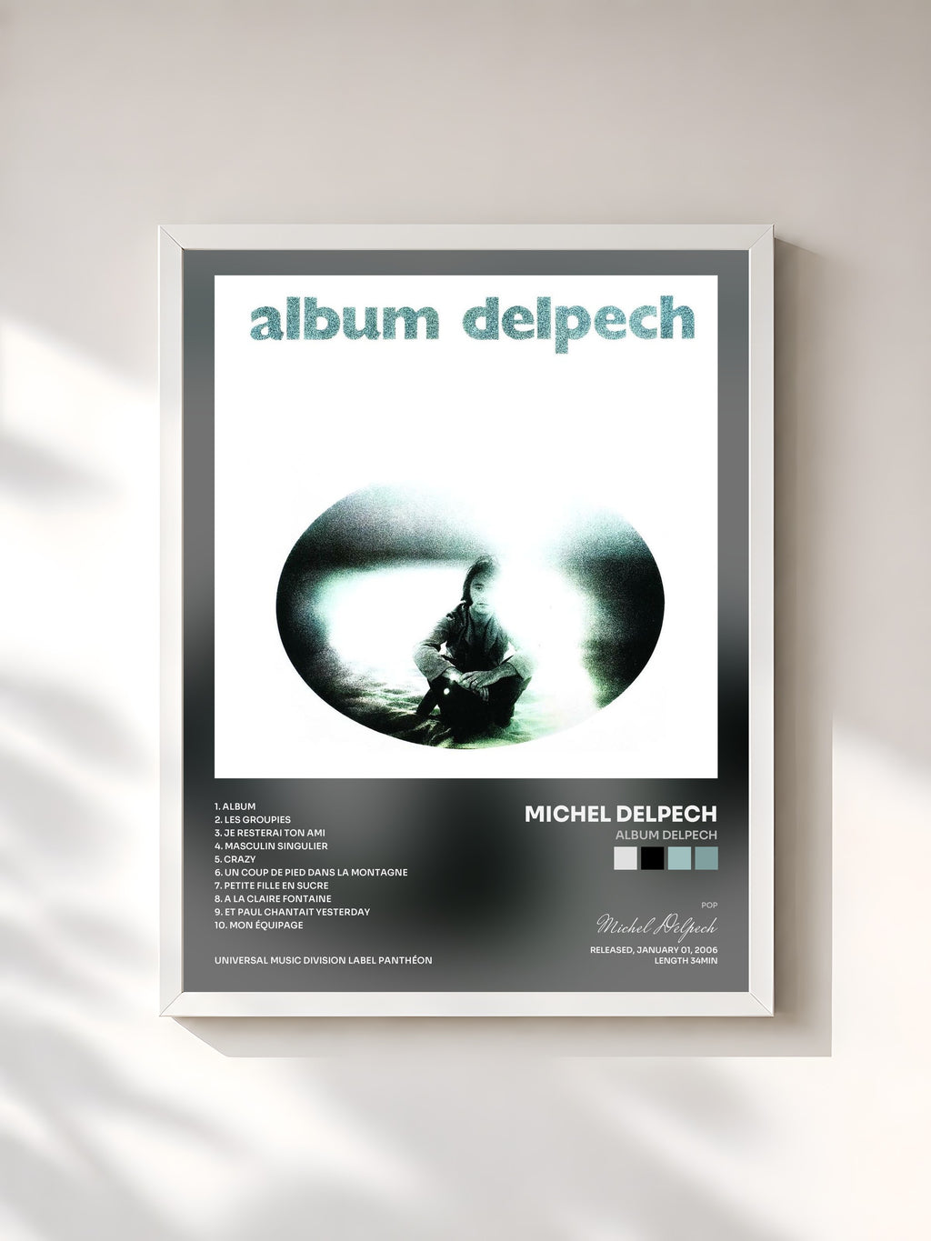 #blanc Album Delpech by Michel Delpech as a framed art print, white frame, printed and framed in France