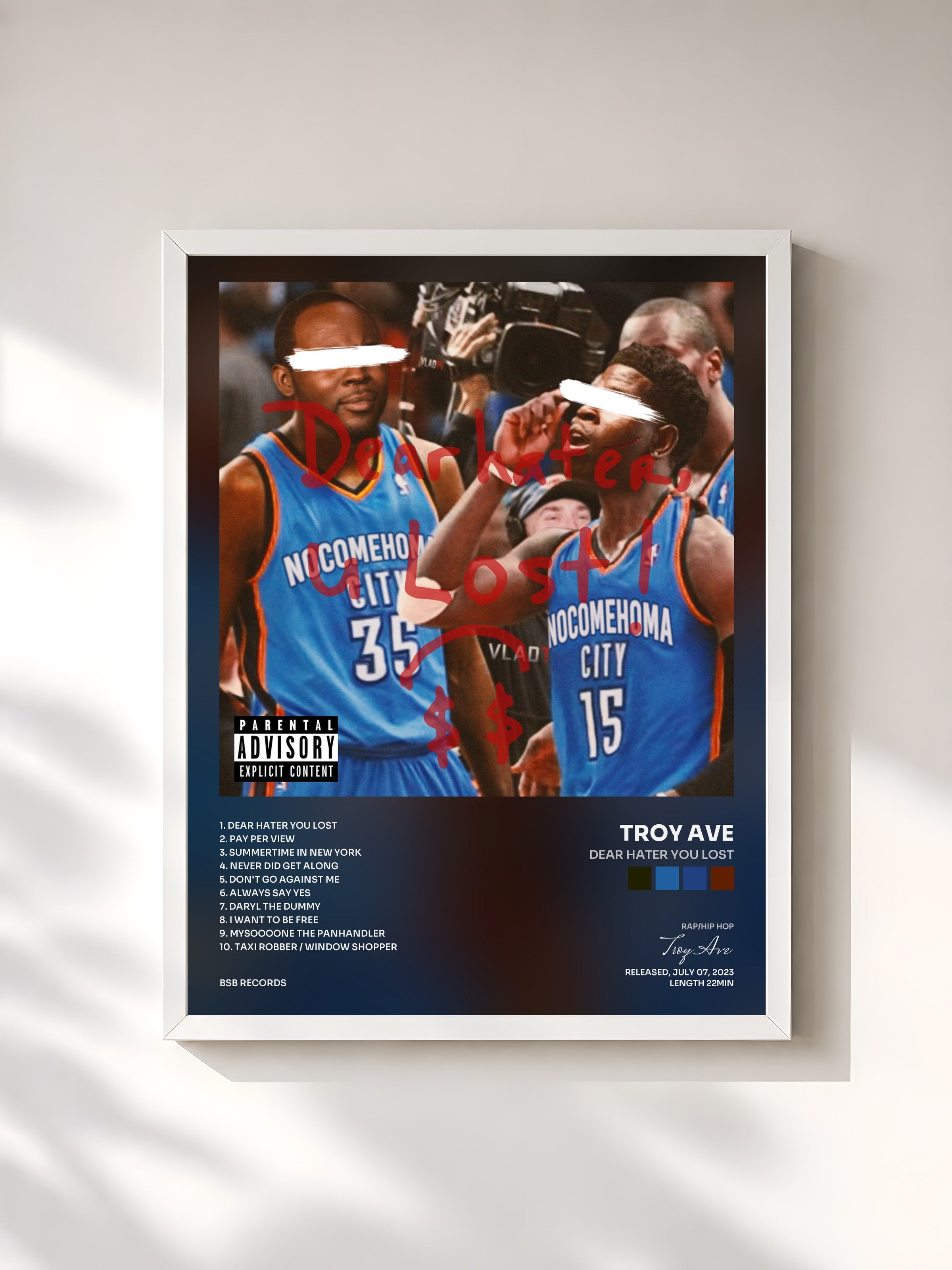 #blanc Tableau de l'album Dear Hater You Lost de Troy Ave, cadre blanc, imprimé et encadré en France