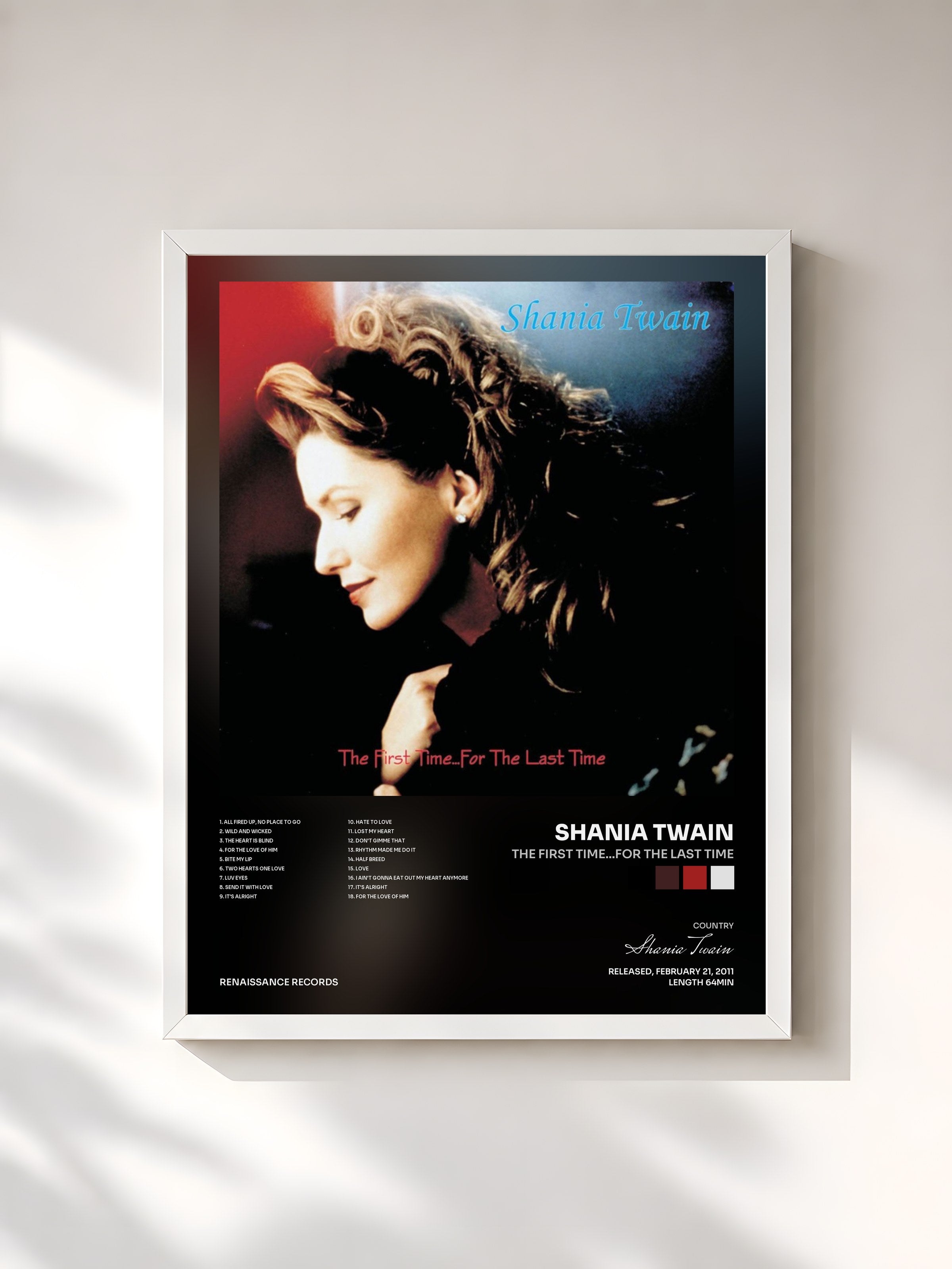 #blanc Tableau de l'album The First Time...For The Last Time de Shania Twain, cadre blanc, imprimé et encadré en France