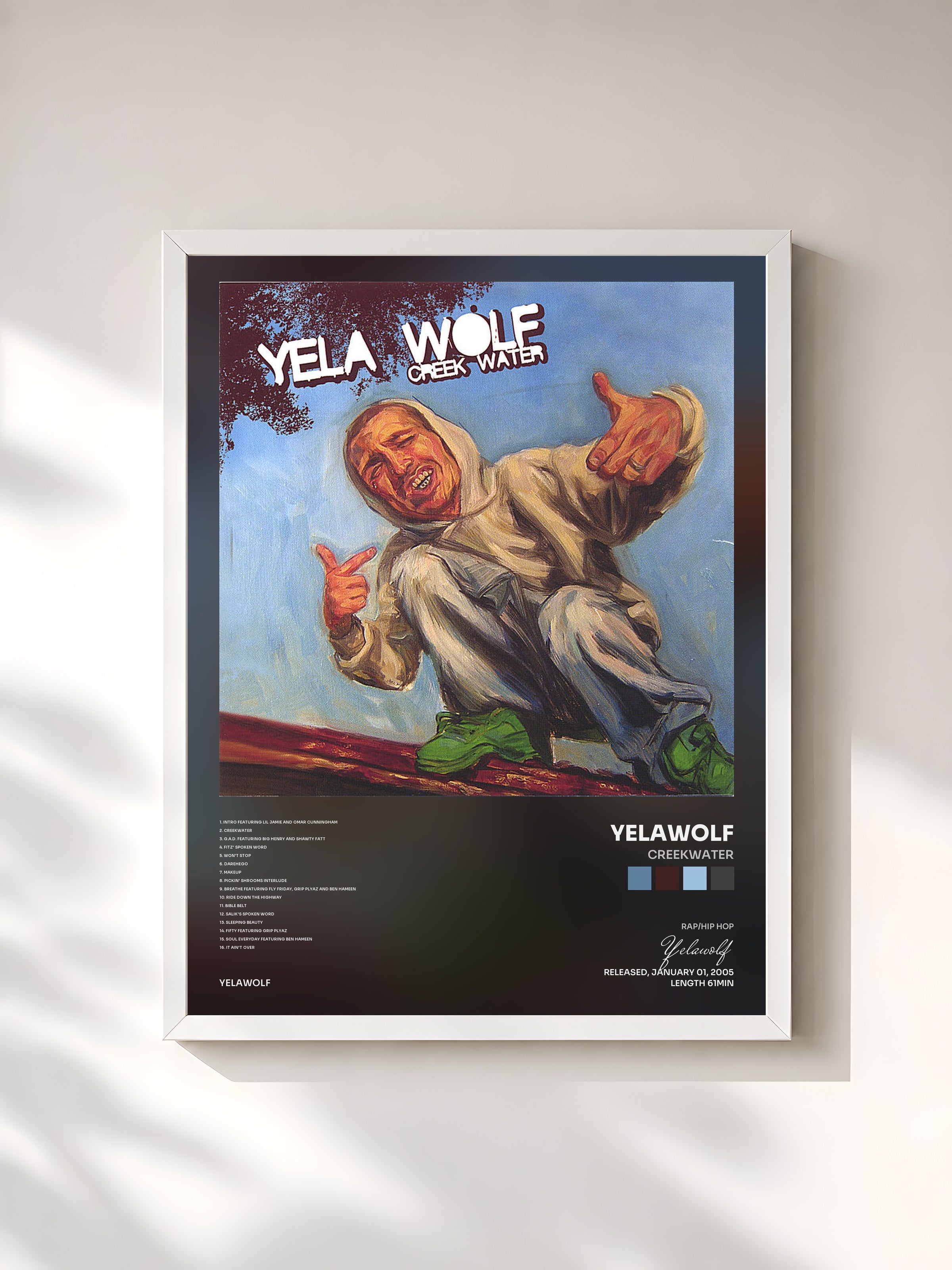 #blanc Tableau de l'album CreekWater de Yelawolf, cadre blanc, imprimé et encadré en France