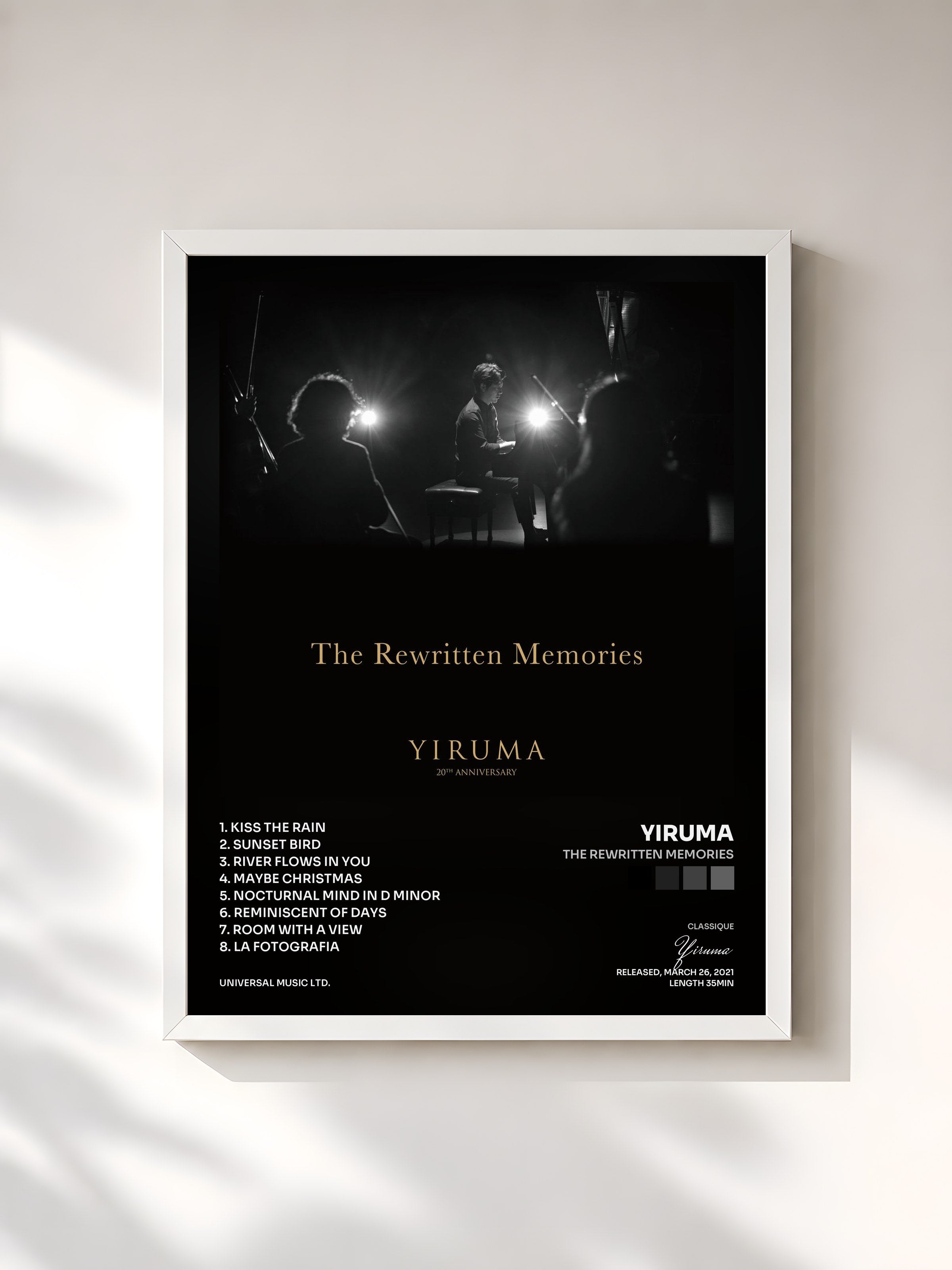 #blanc Tableau de l'album The Rewritten Memories de Yiruma, cadre blanc, imprimé et encadré en France
