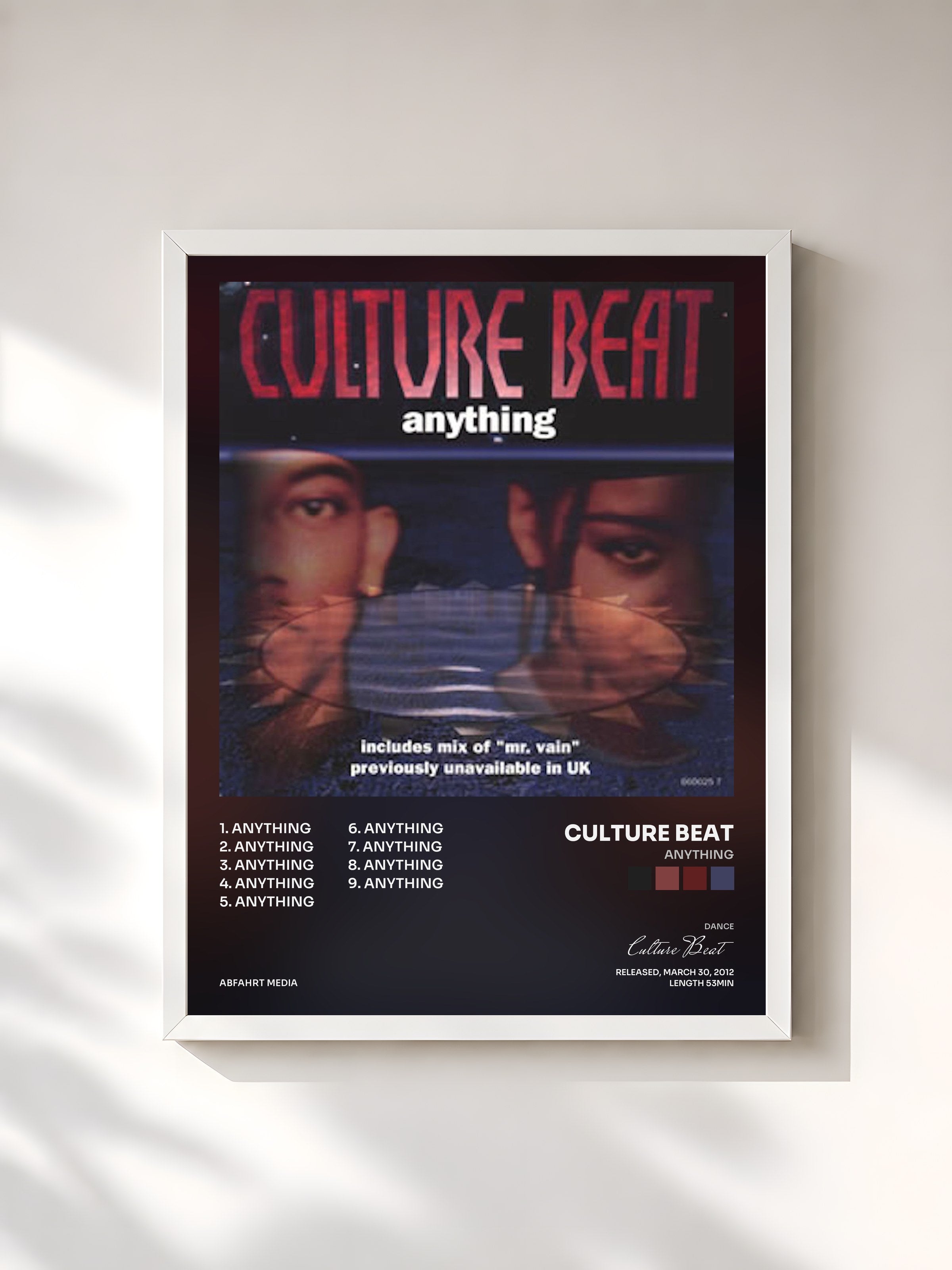#blanc Tableau de l'album Anything de Culture Beat, cadre blanc, imprimé et encadré en France