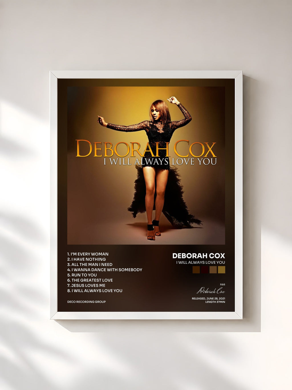 #blanc I WILL ALWAYS LOVE YOU by Deborah Cox as a framed art print, white frame, printed and framed in France