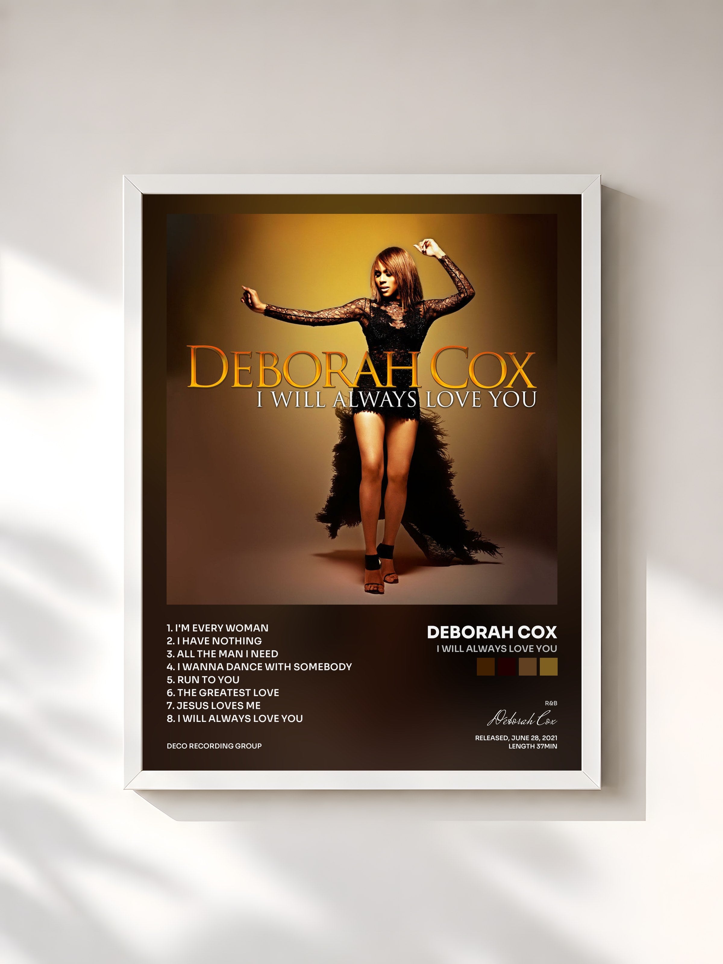 #blanc Tableau de l'album I WILL ALWAYS LOVE YOU de Deborah Cox, cadre blanc, imprimé et encadré en France