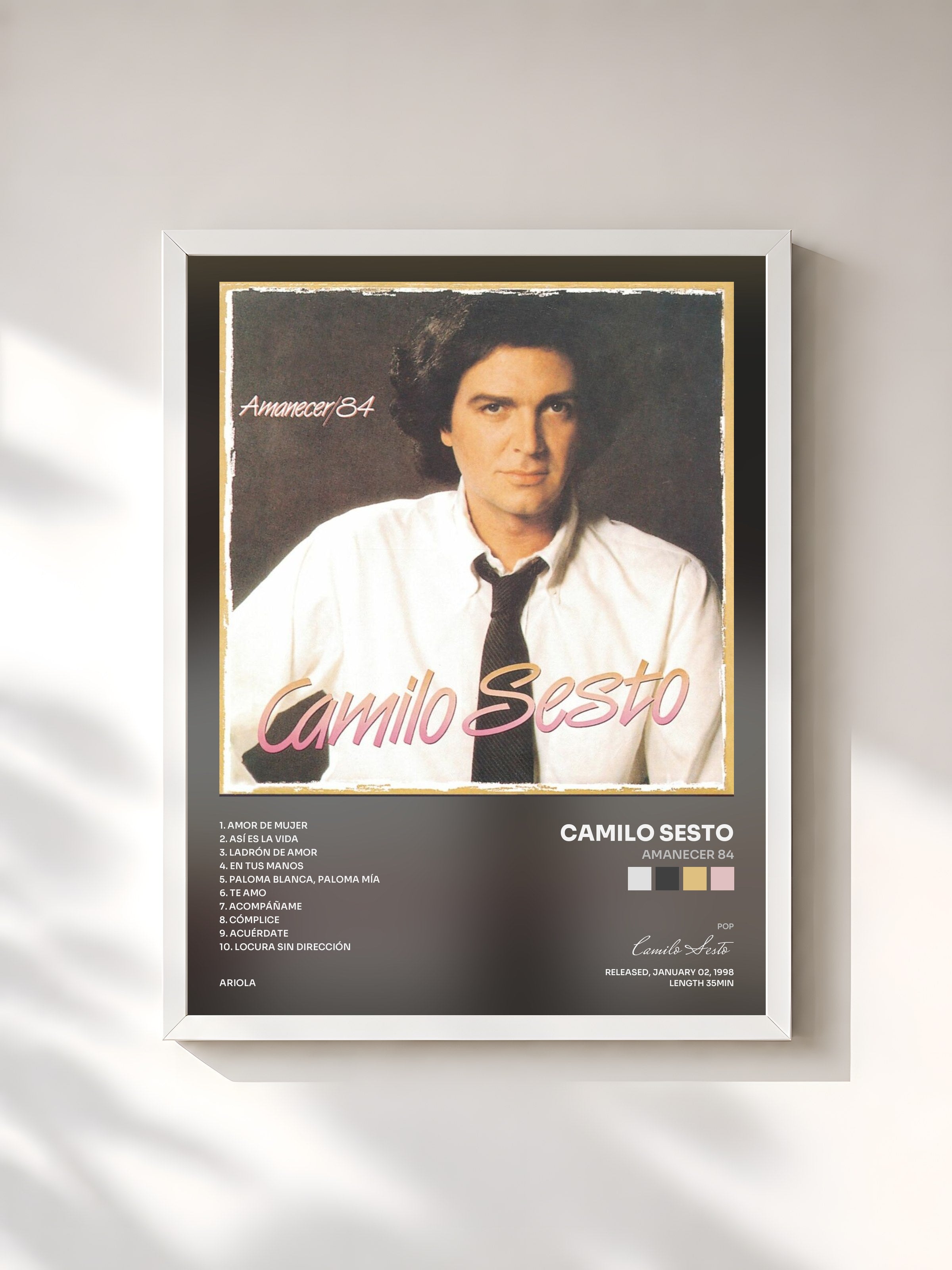 #blanc Tableau de l'album Amanecer 84 de Camilo Sesto, cadre blanc, imprimé et encadré en France