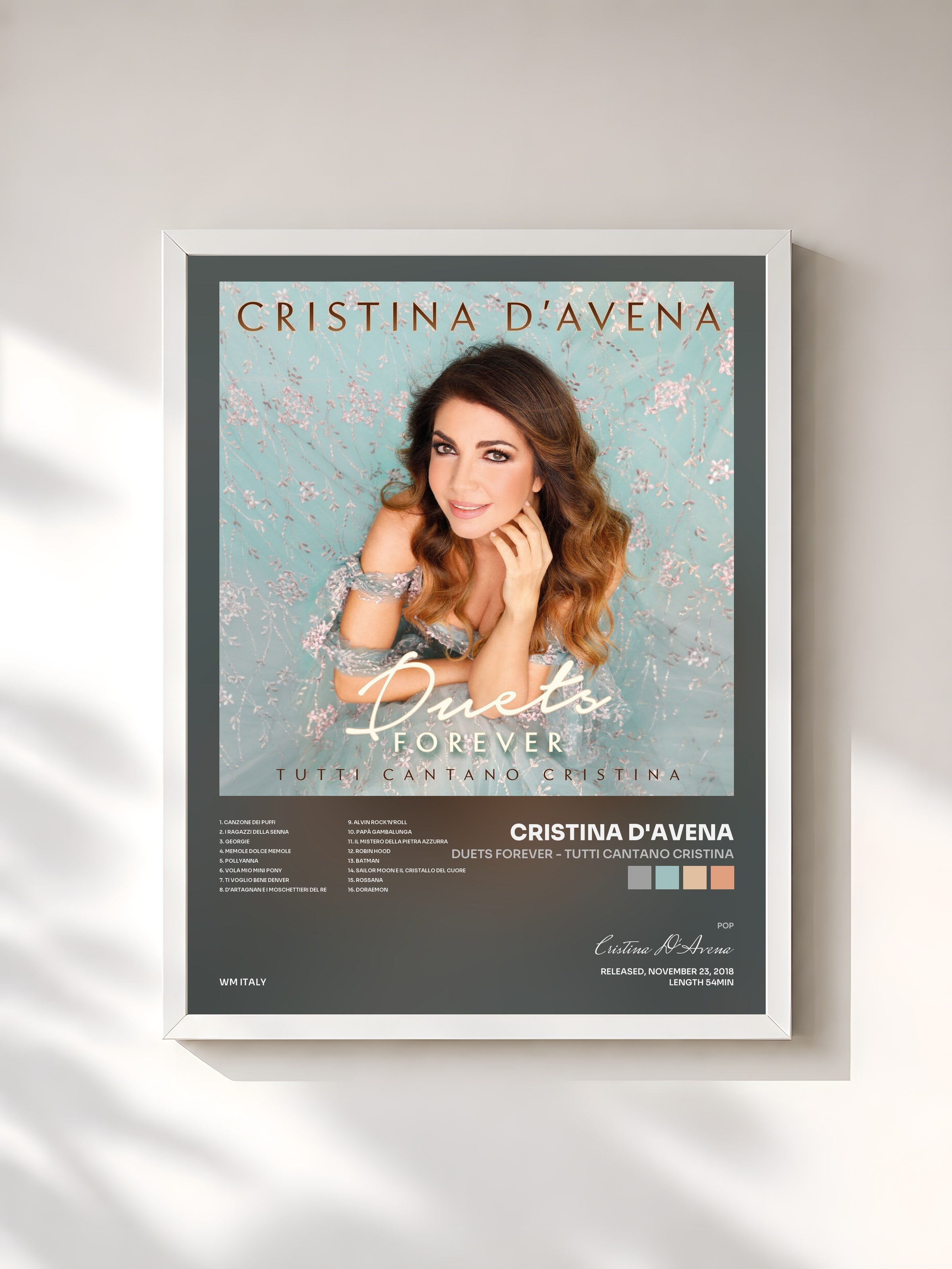 #blanc Tableau de l'album Duets Forever - Tutti cantano Cristina de Cristina D'Avena, cadre blanc, imprimé et encadré en France