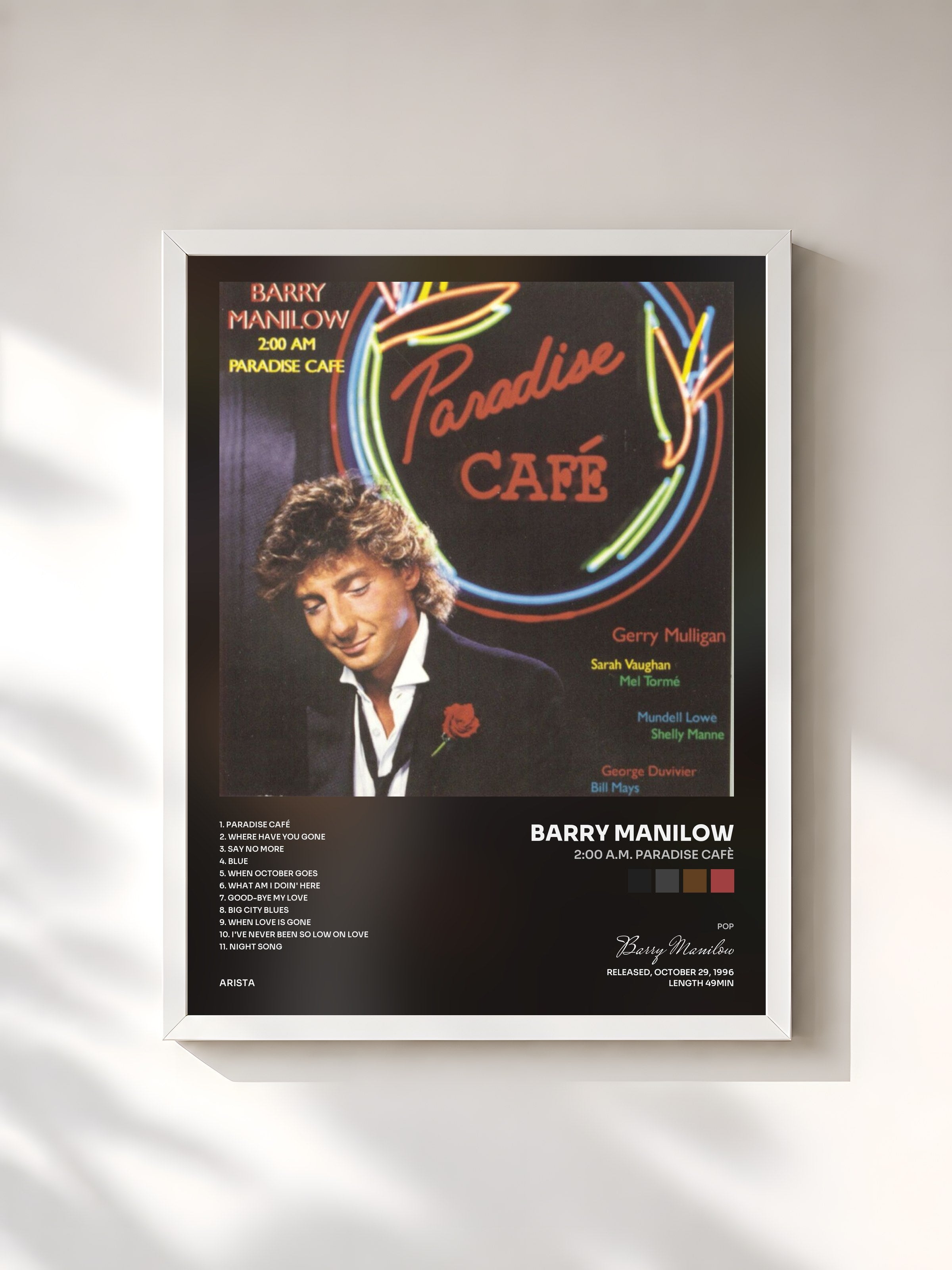 #blanc Tableau de l'album 2:00 A.M. Paradise Cafè de Barry Manilow, cadre blanc, imprimé et encadré en France