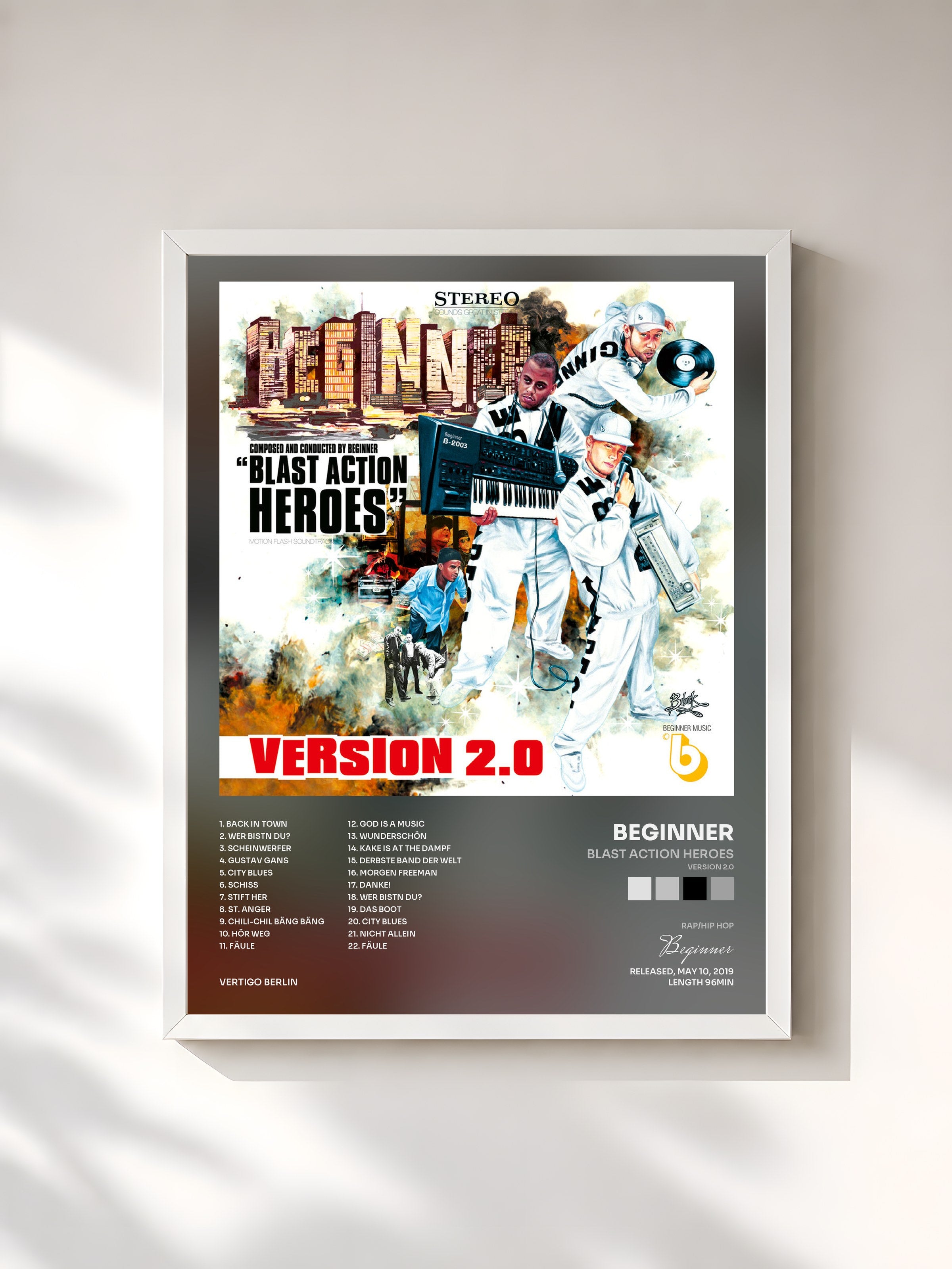 #blanc Tableau de l'album Blast Action Heroes (Version 2.0) de Beginner, cadre blanc, imprimé et encadré en France