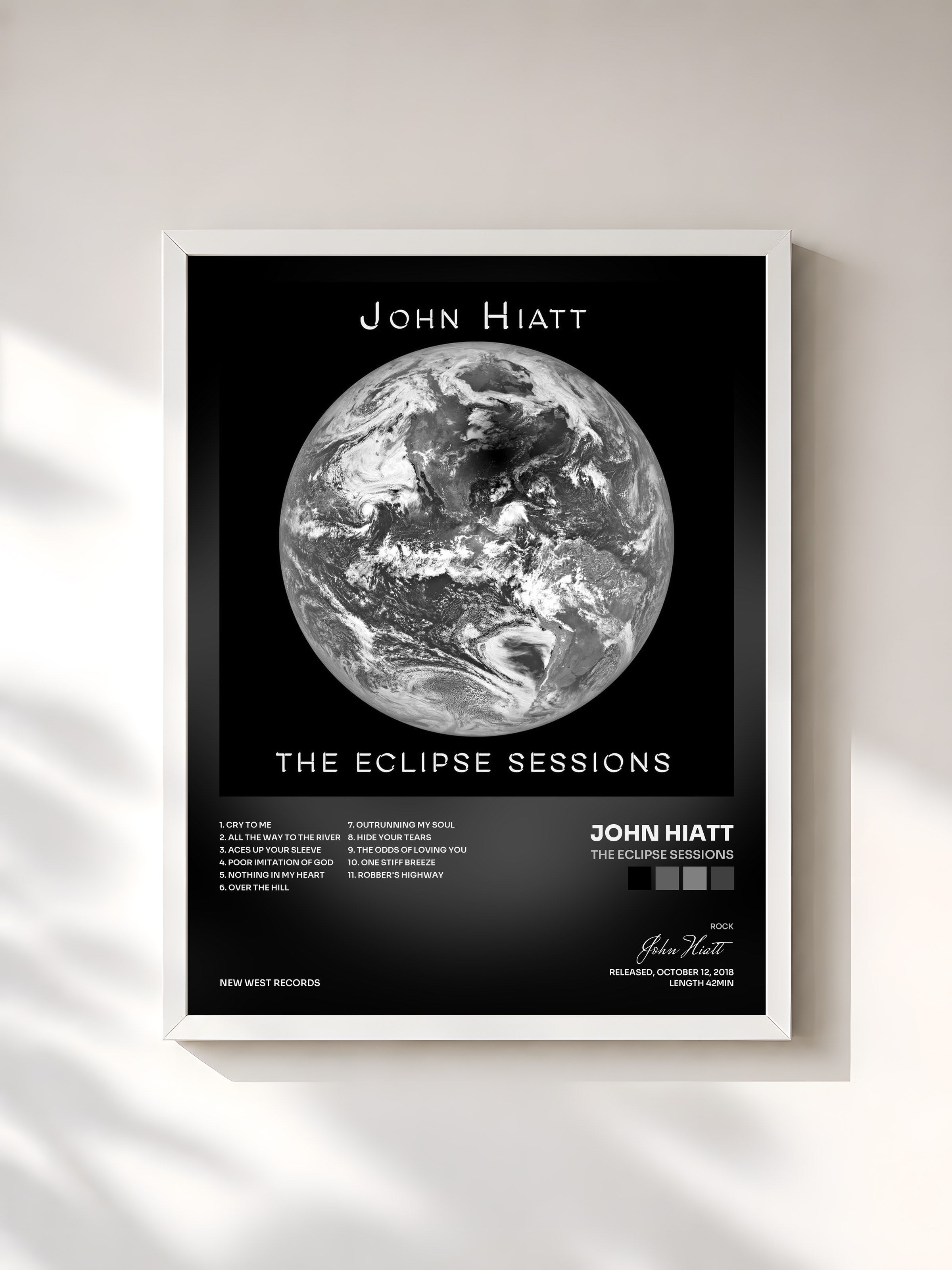 #blanc Tableau de l'album The Eclipse Sessions de John Hiatt, cadre blanc, imprimé et encadré en France
