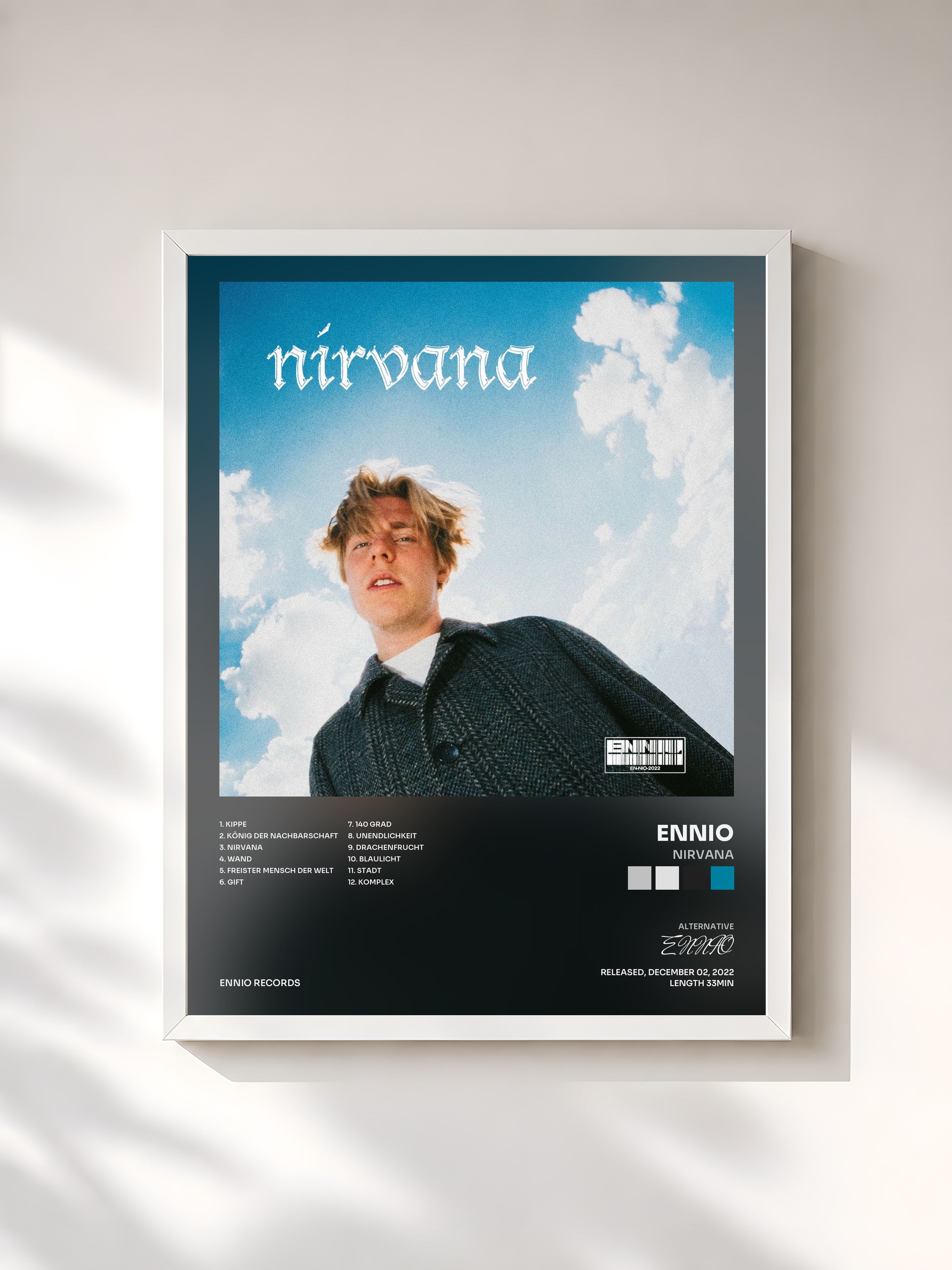 #blanc Tableau de l'album Nirvana de ENNIO, cadre blanc, imprimé et encadré en France