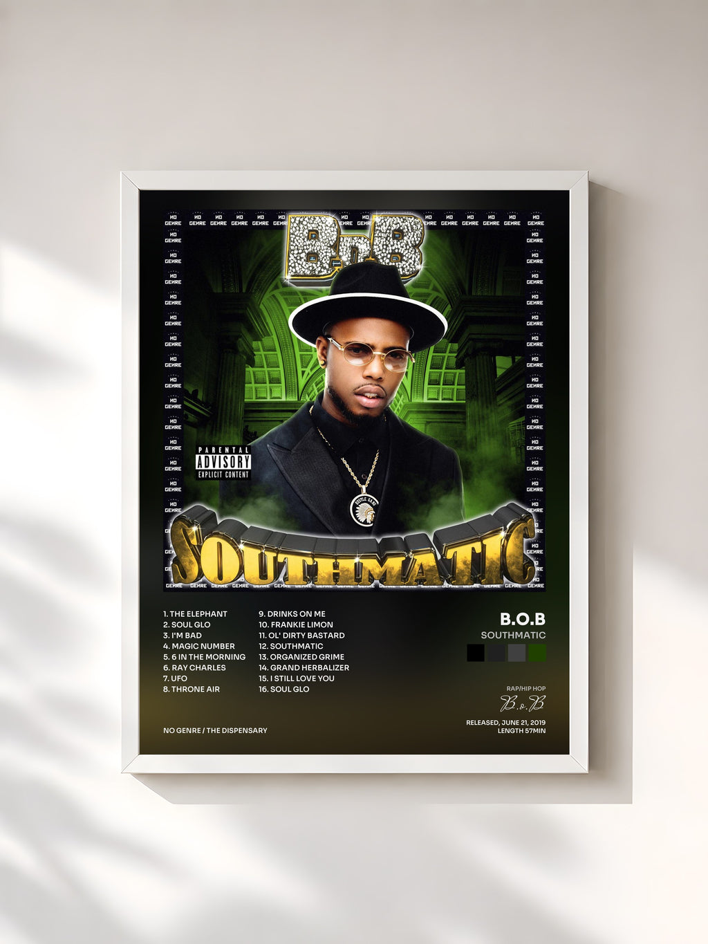 #blanc Tableau de l'album Southmatic de B.o.B, cadre blanc, imprimé et encadré en France