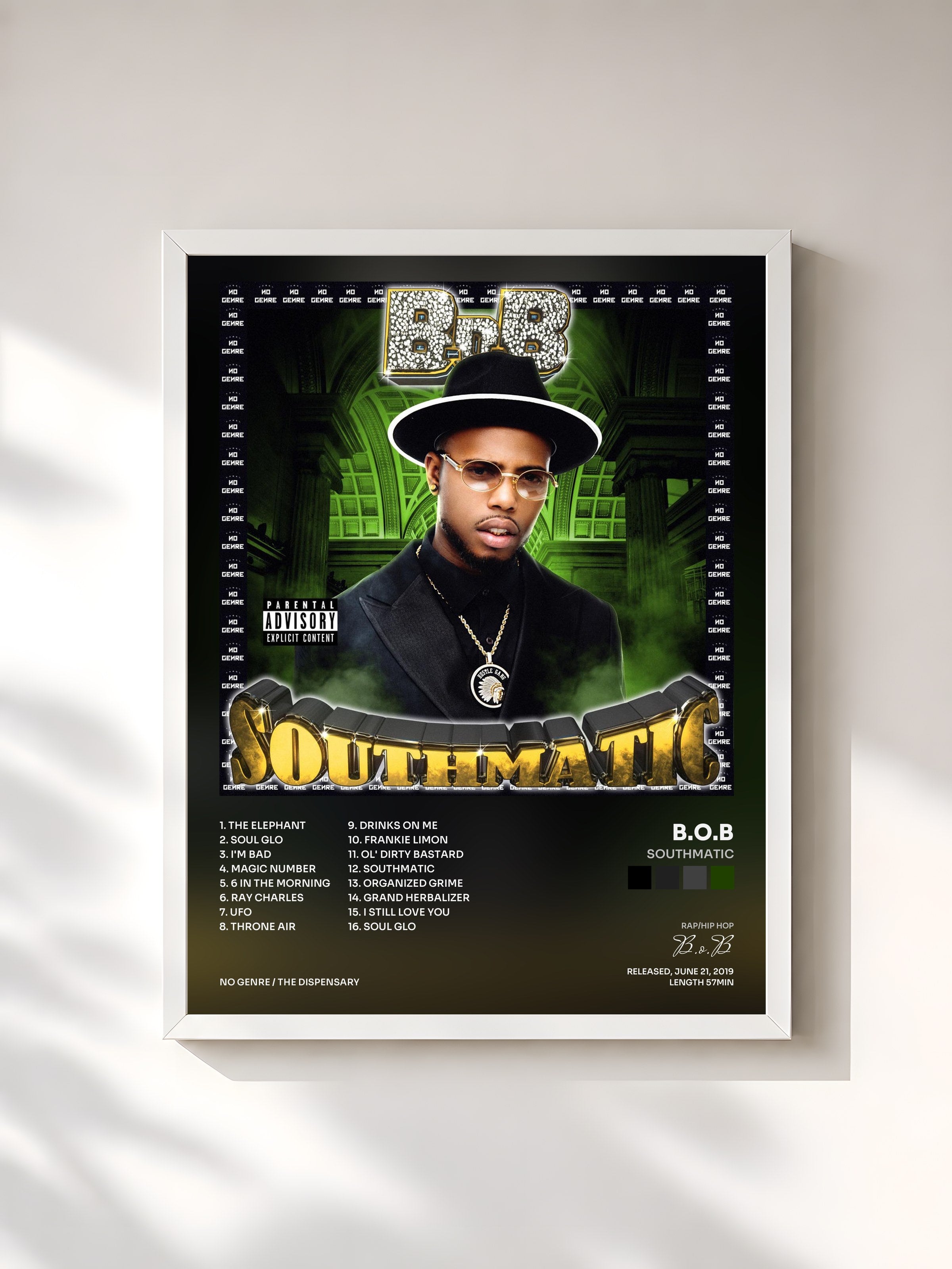 #blanc Tableau de l'album Southmatic de B.o.B, cadre blanc, imprimé et encadré en France