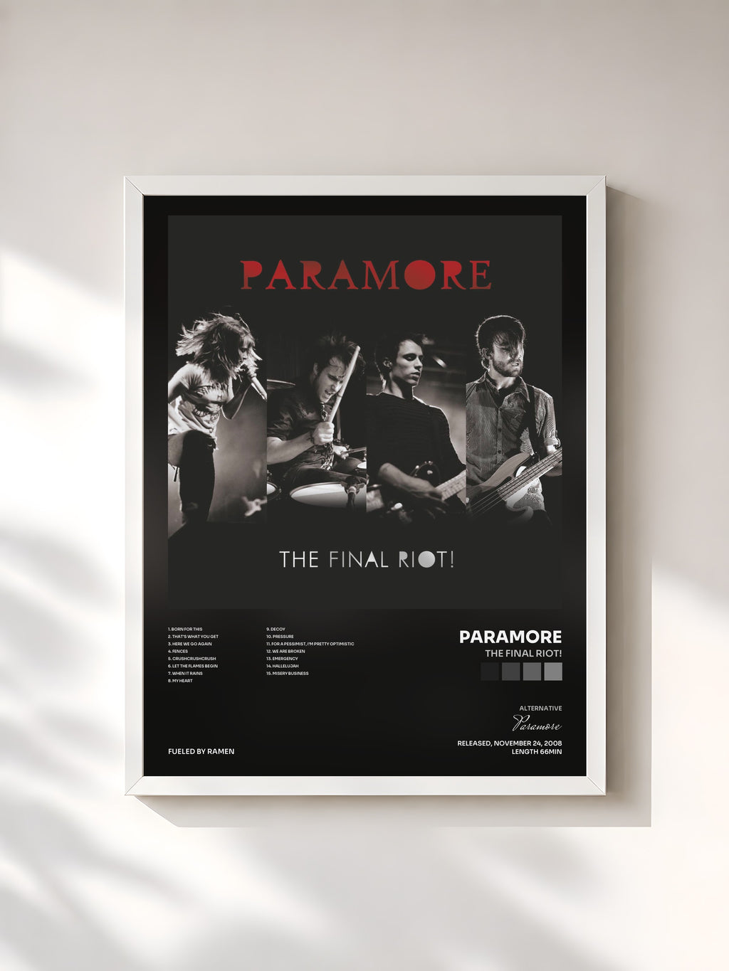 #blanc Tableau de l'album The Final Riot! de Paramore, cadre blanc, imprimé et encadré en France