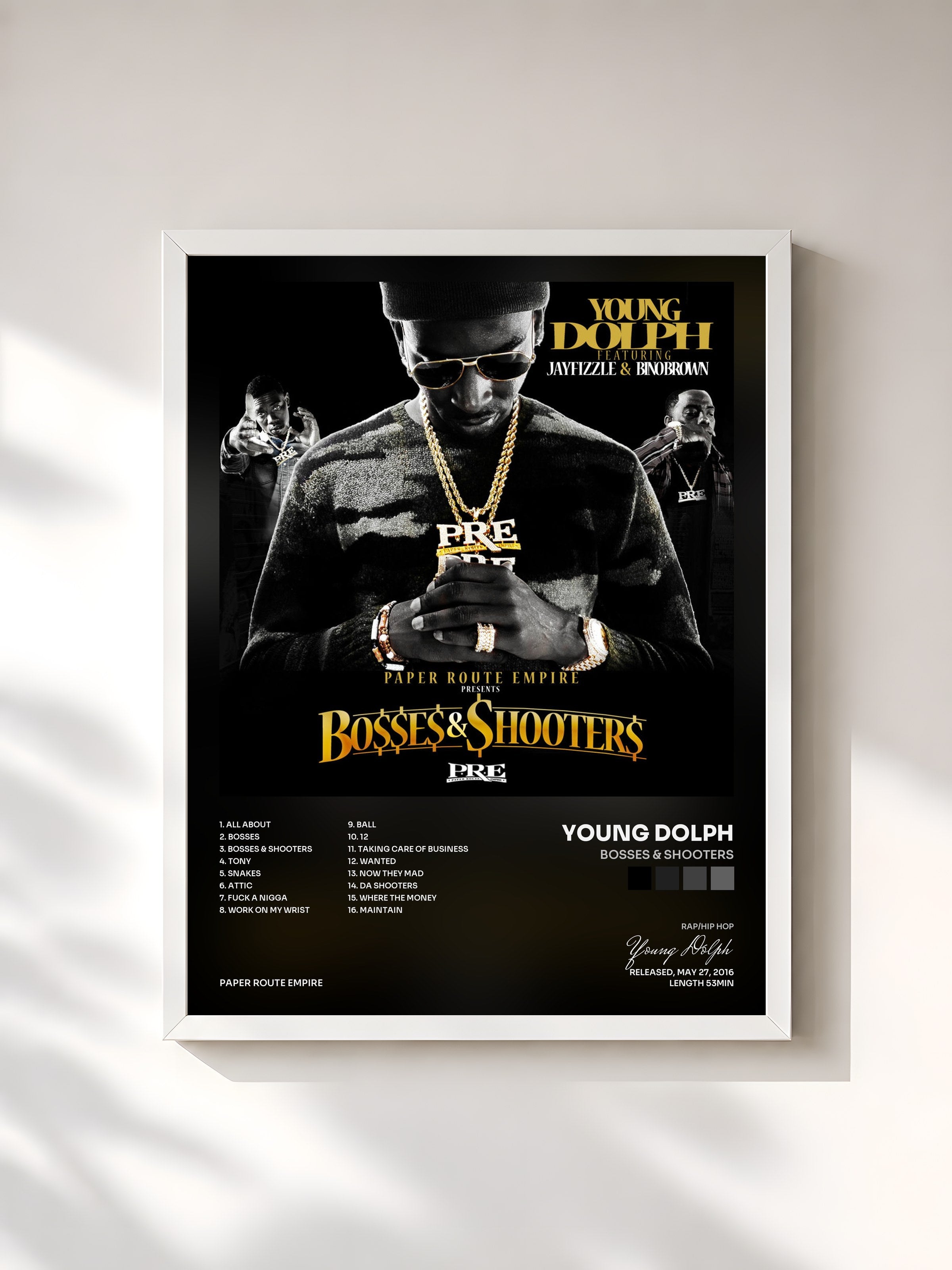 #blanc Tableau de l'album Bosses & Shooters de Young Dolph, cadre blanc, imprimé et encadré en France