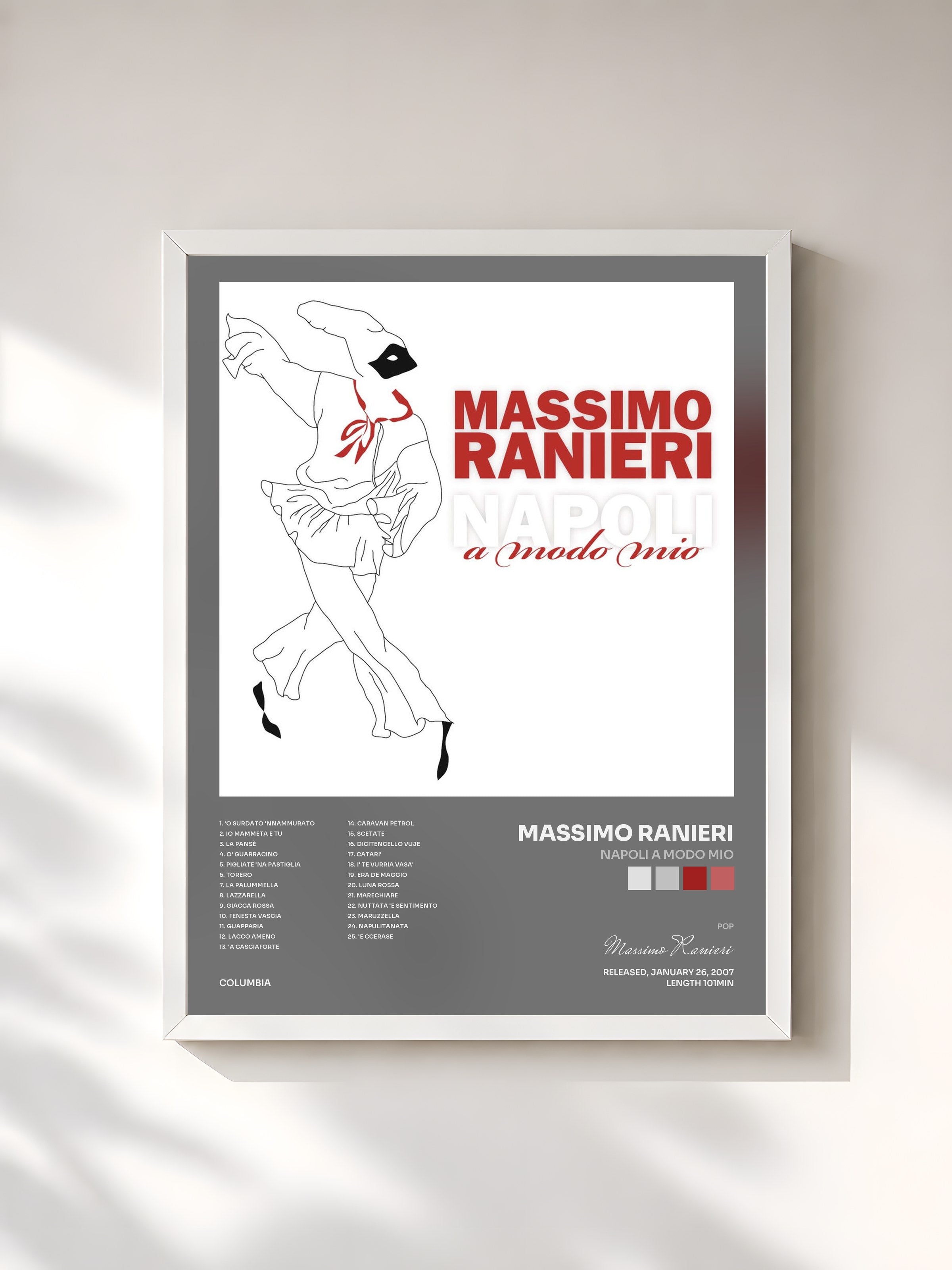 #blanc Tableau de l'album Napoli A Modo Mio de Massimo Ranieri, cadre blanc, imprimé et encadré en France