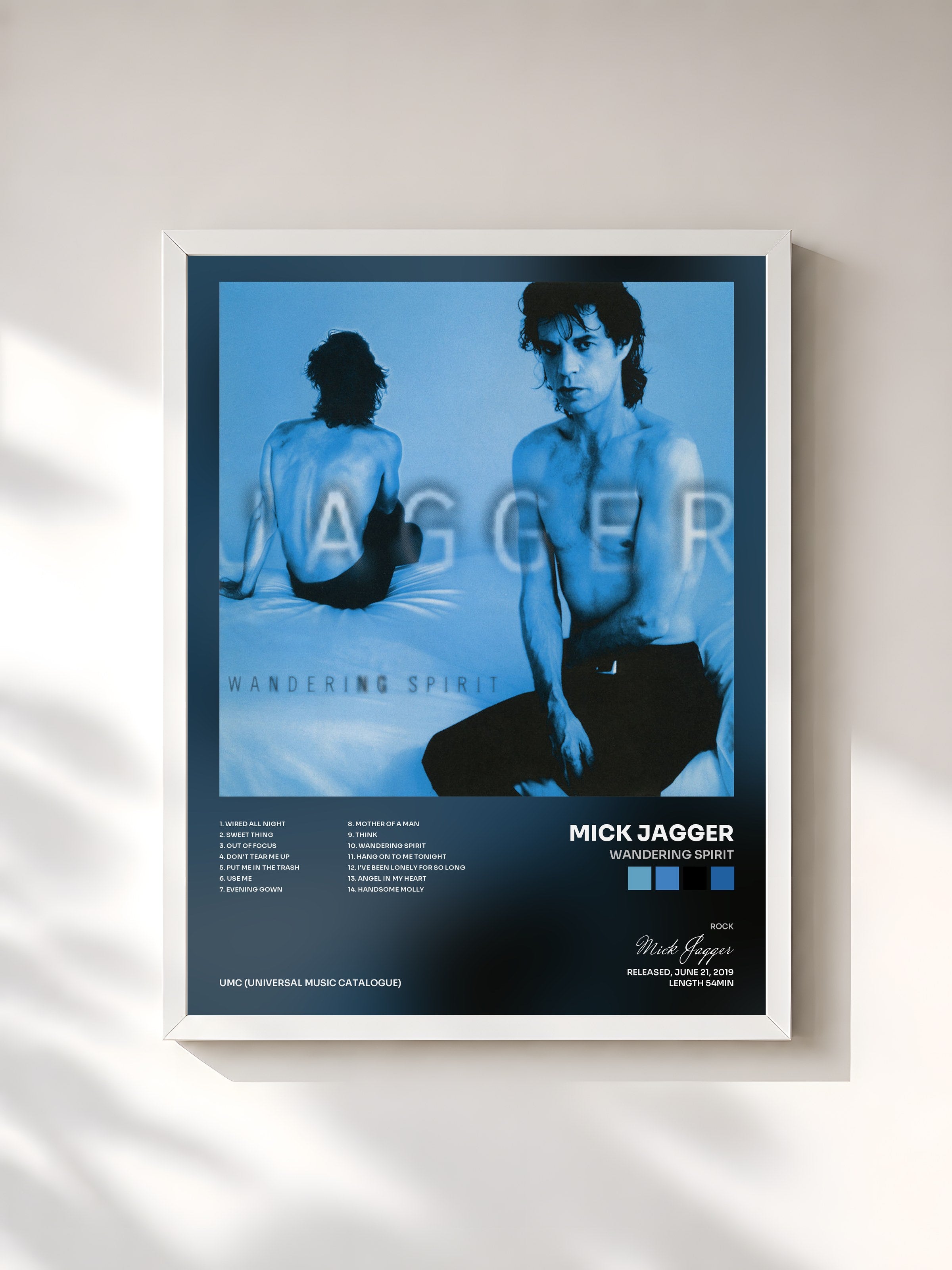 #blanc Tableau de l'album Wandering Spirit de Mick Jagger, cadre blanc, imprimé et encadré en France