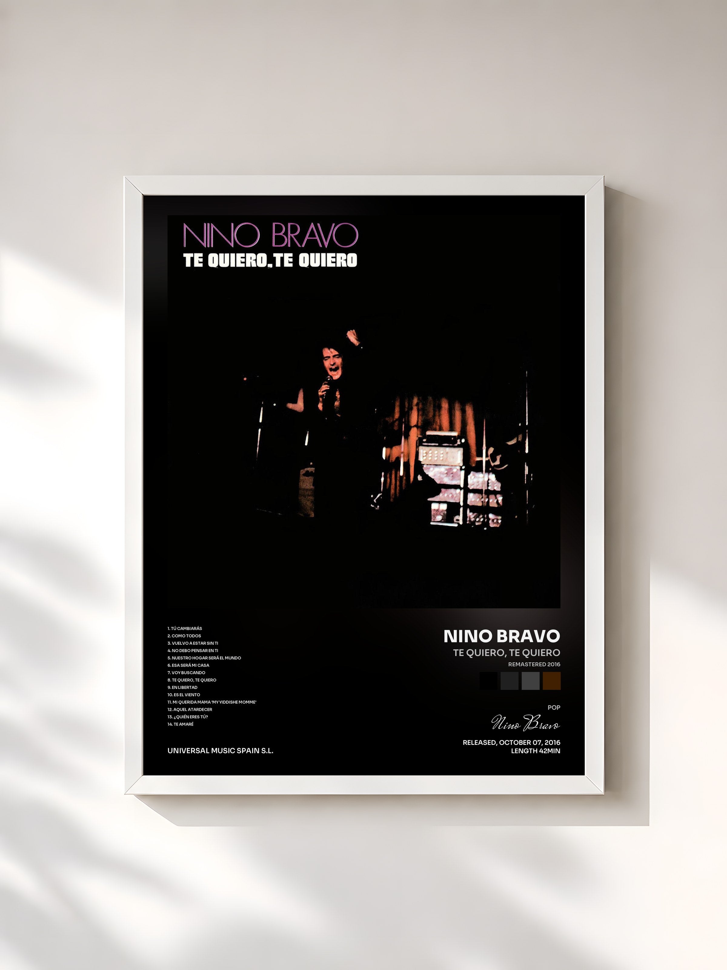 #blanc Tableau de l'album Te Quiero, Te Quiero (Remastered 2016) de Nino Bravo, cadre blanc, imprimé et encadré en France