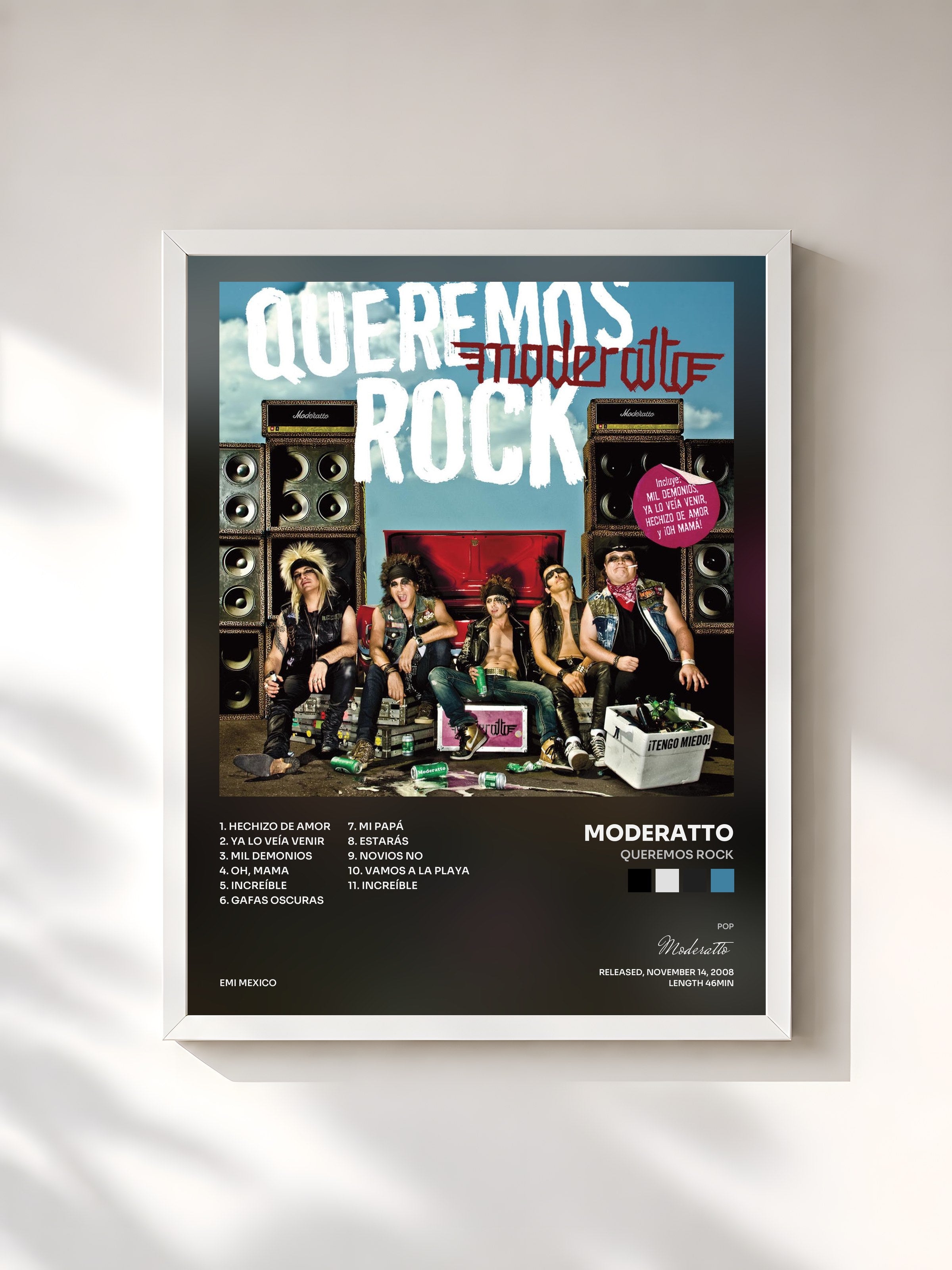 #blanc Tableau de l'album Queremos Rock de Moderatto, cadre blanc, imprimé et encadré en France