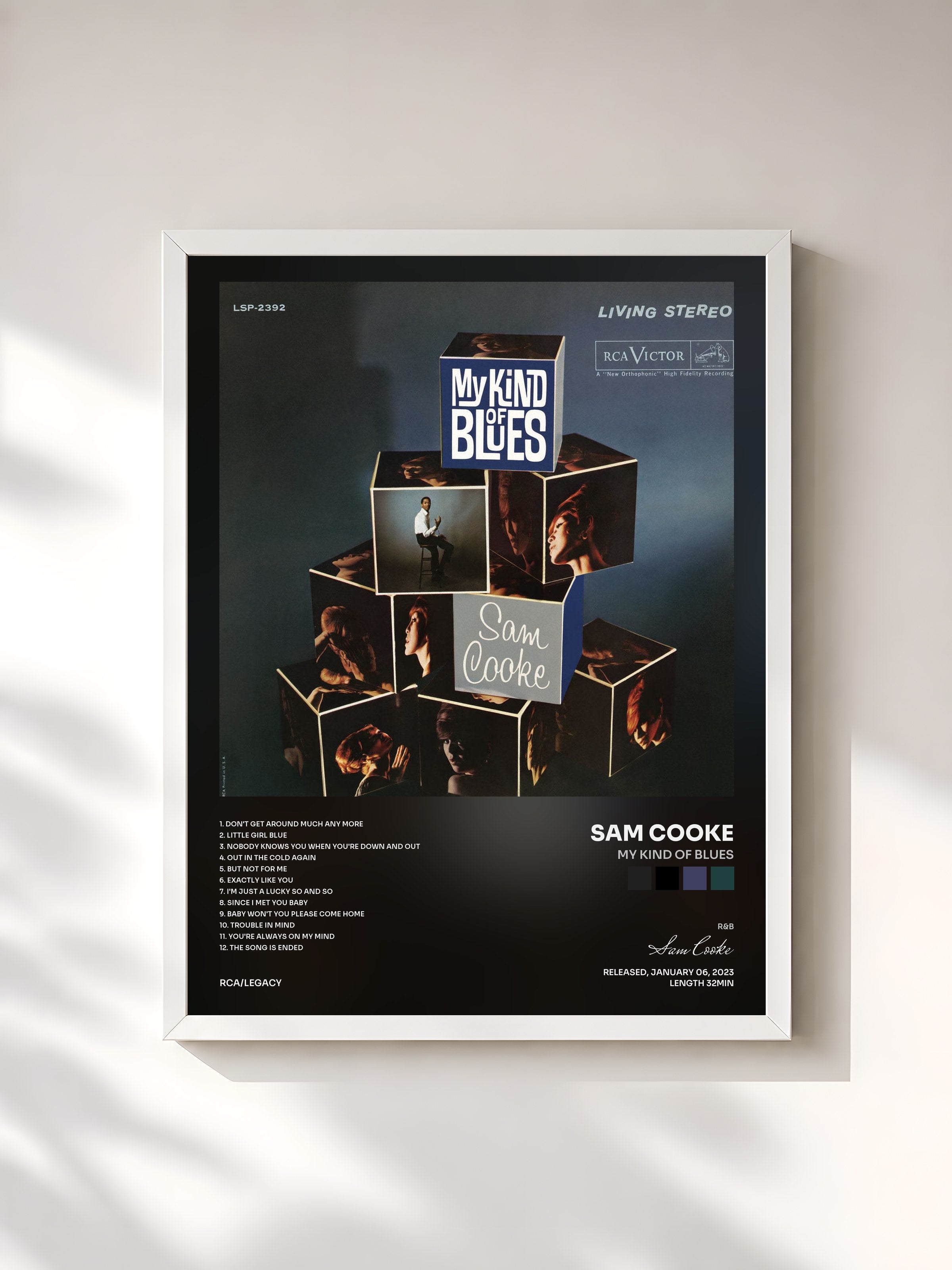 #blanc Tableau de l'album My Kind Of Blues de Sam Cooke, cadre blanc, imprimé et encadré en France