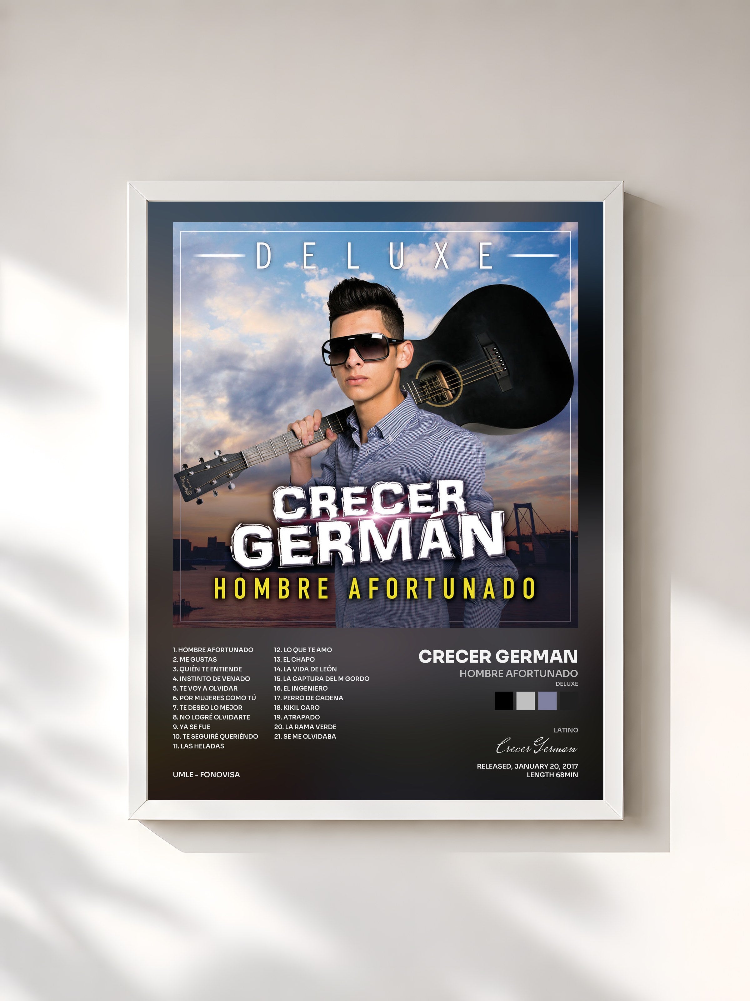 #blanc Tableau de l'album Hombre Afortunado (Deluxe) de Crecer German, cadre blanc, imprimé et encadré en France