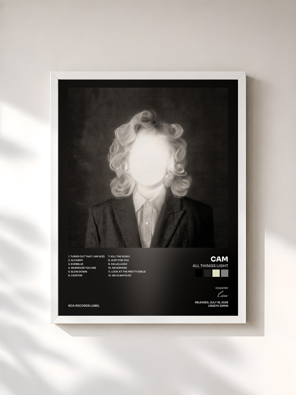 #blanc Tableau de l'album All Things Light de Cam, cadre blanc, imprimé et encadré en France