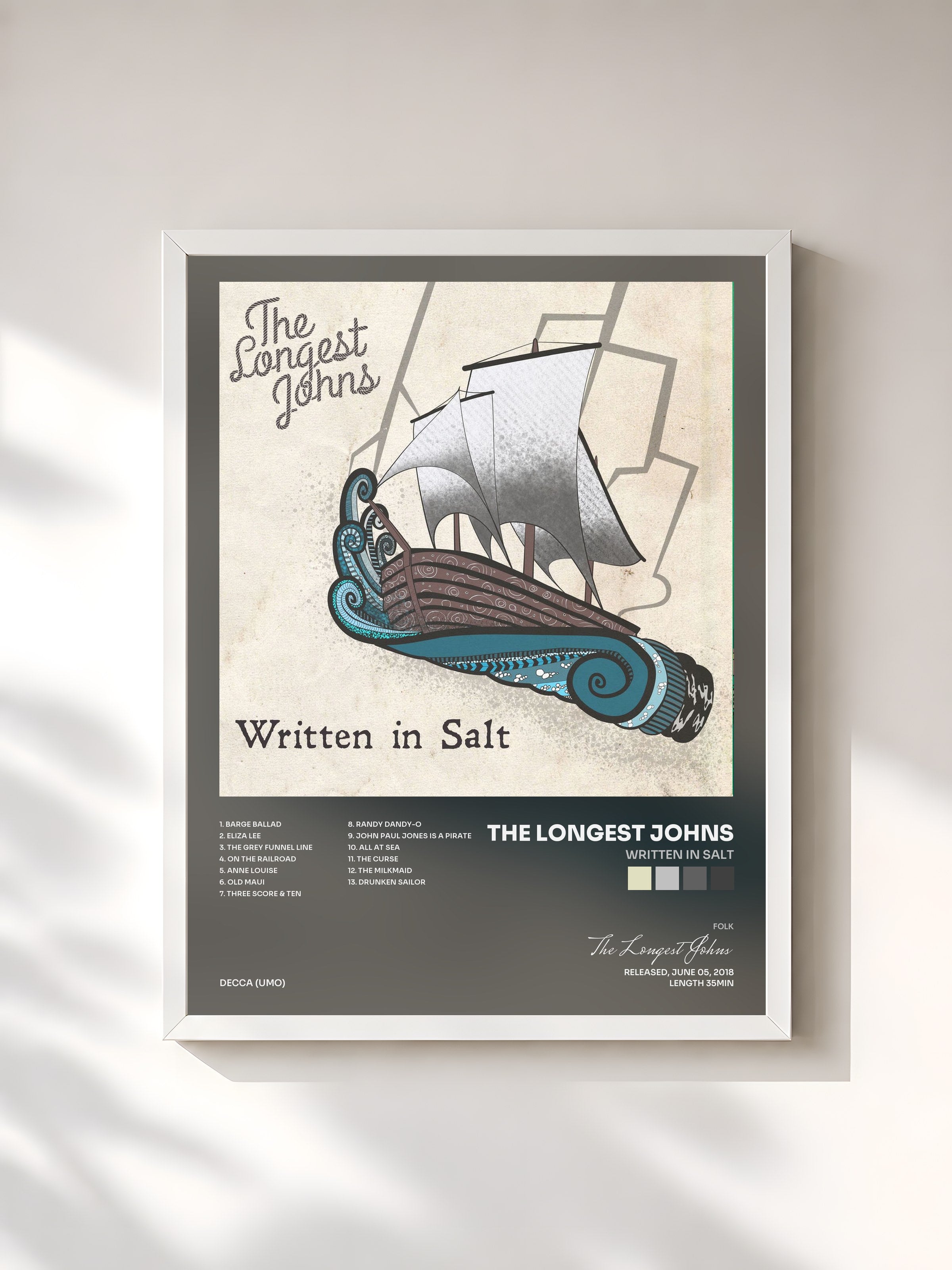#blanc Tableau de l'album Written In Salt de The Longest Johns, cadre blanc, imprimé et encadré en France