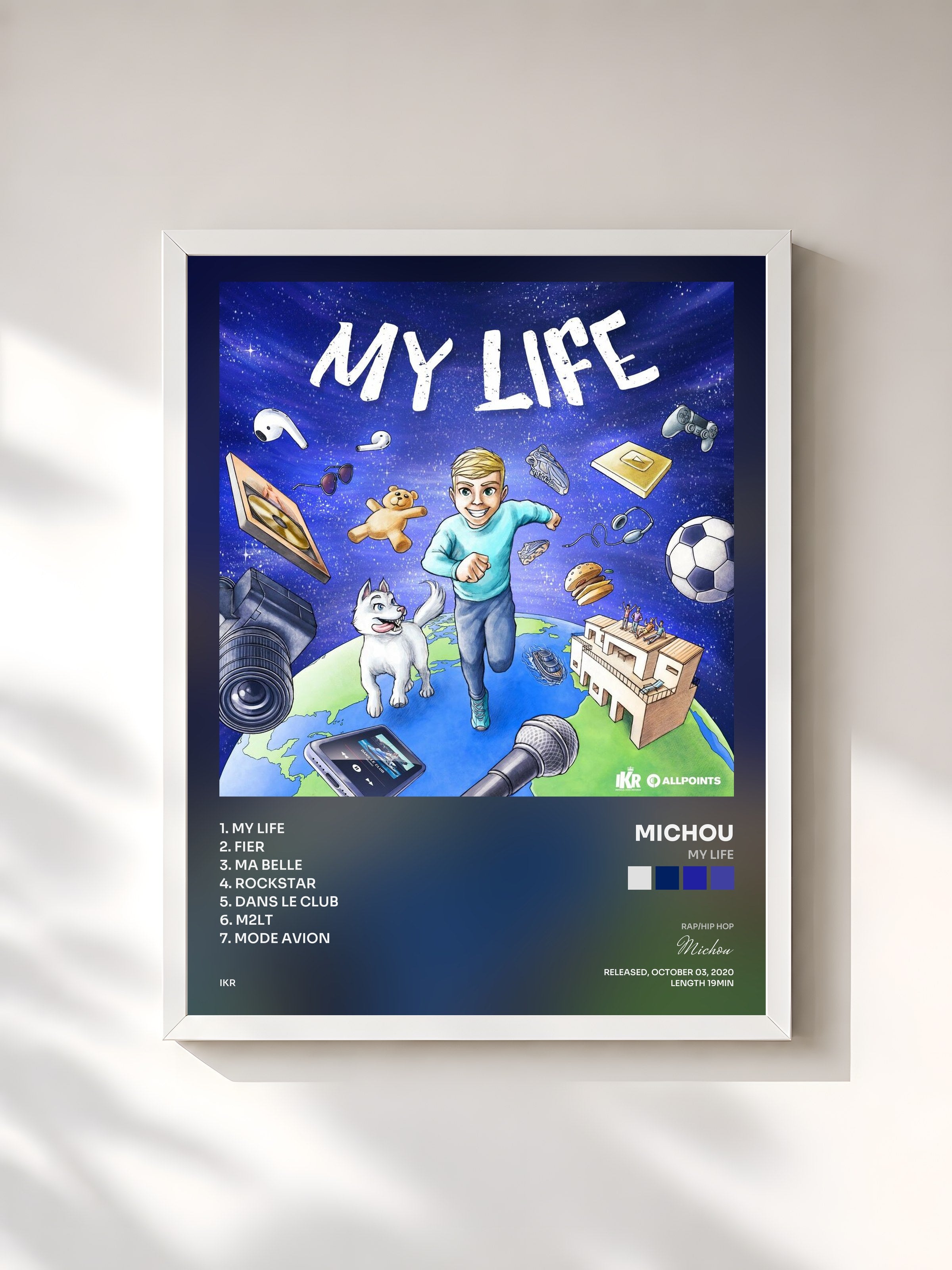 #blanc Tableau de l'album My Life de Michou, cadre blanc, imprimé et encadré en France