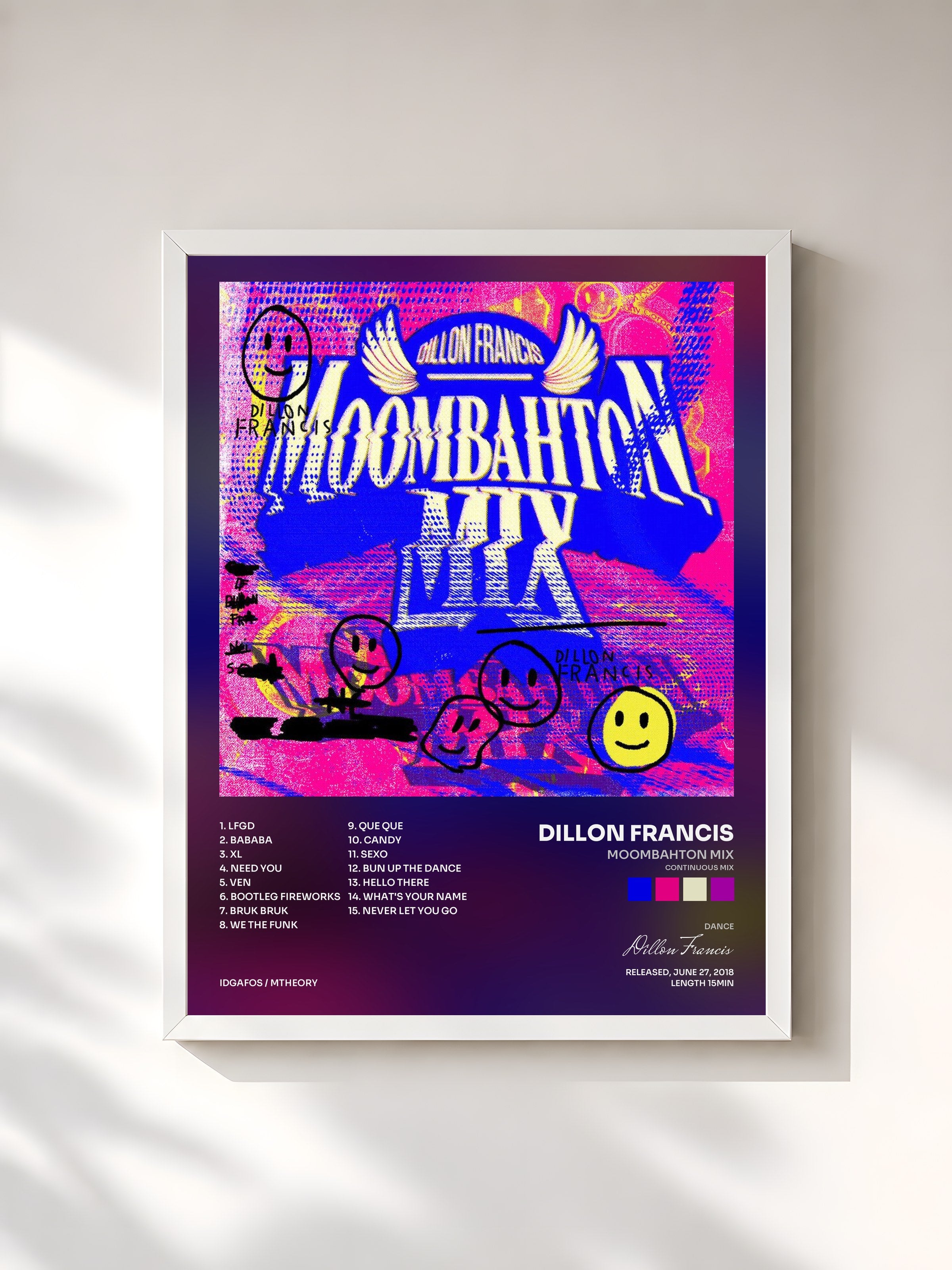 #blanc Tableau de l'album Moombahton Mix (Continuous Mix) de Dillon Francis, cadre blanc, imprimé et encadré en France
