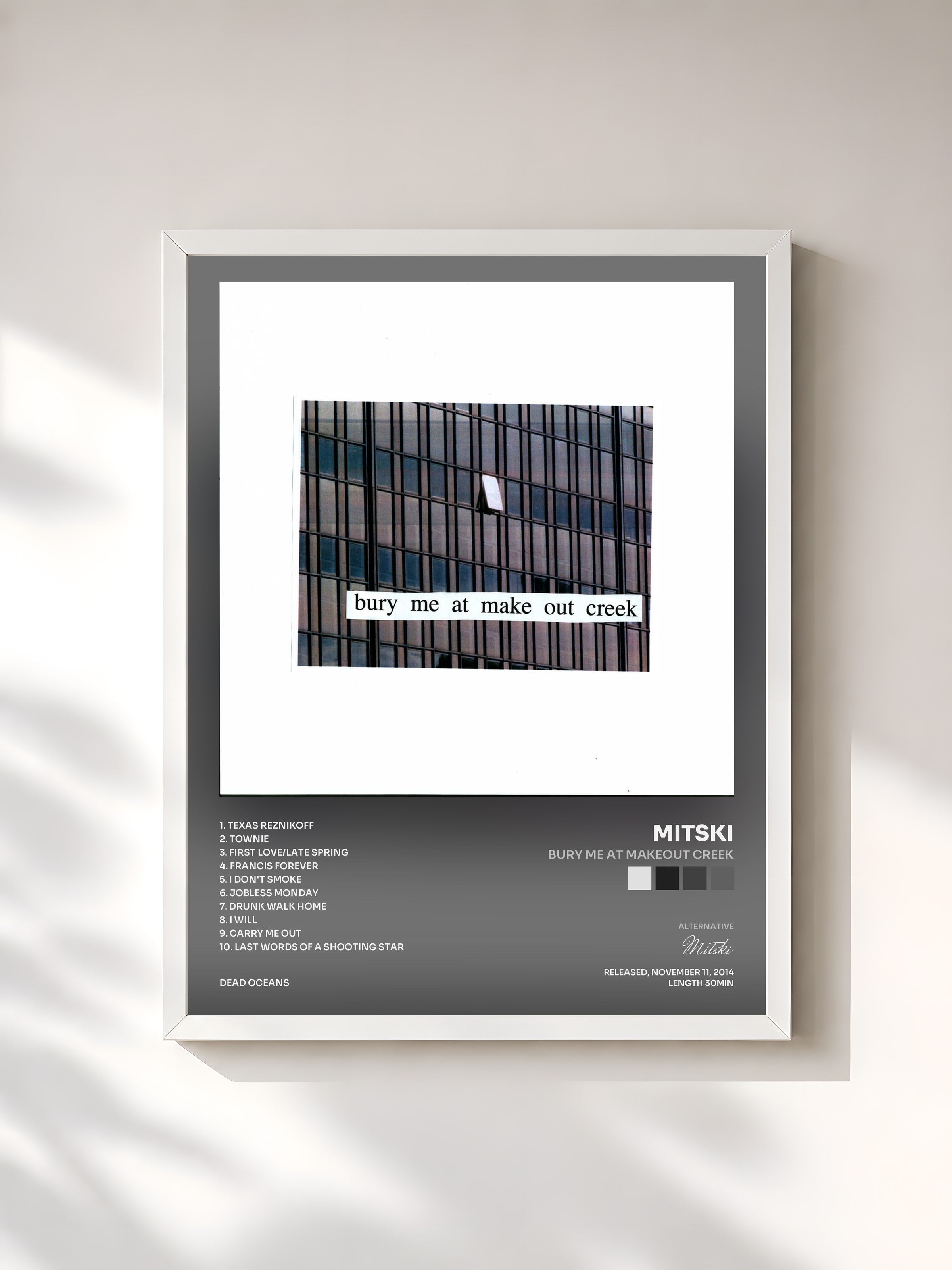 #blanc Tableau de l'album Bury Me At Makeout Creek de Mitski, cadre blanc, imprimé et encadré en France