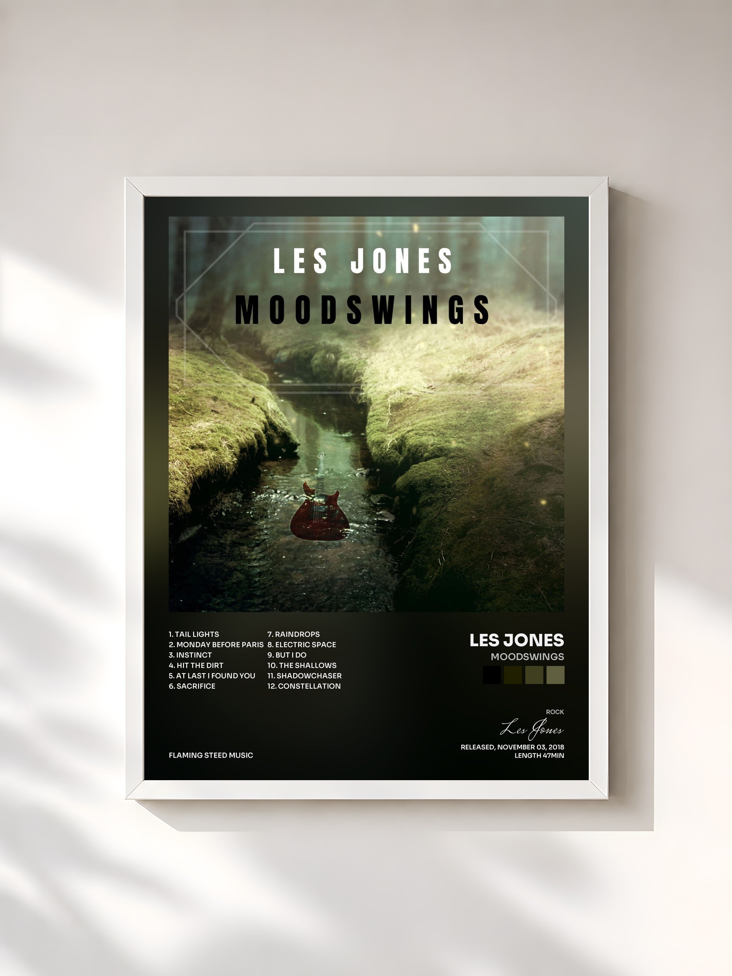 #blanc Tableau de l'album Moodswings de Les Jones, cadre blanc, imprimé et encadré en France