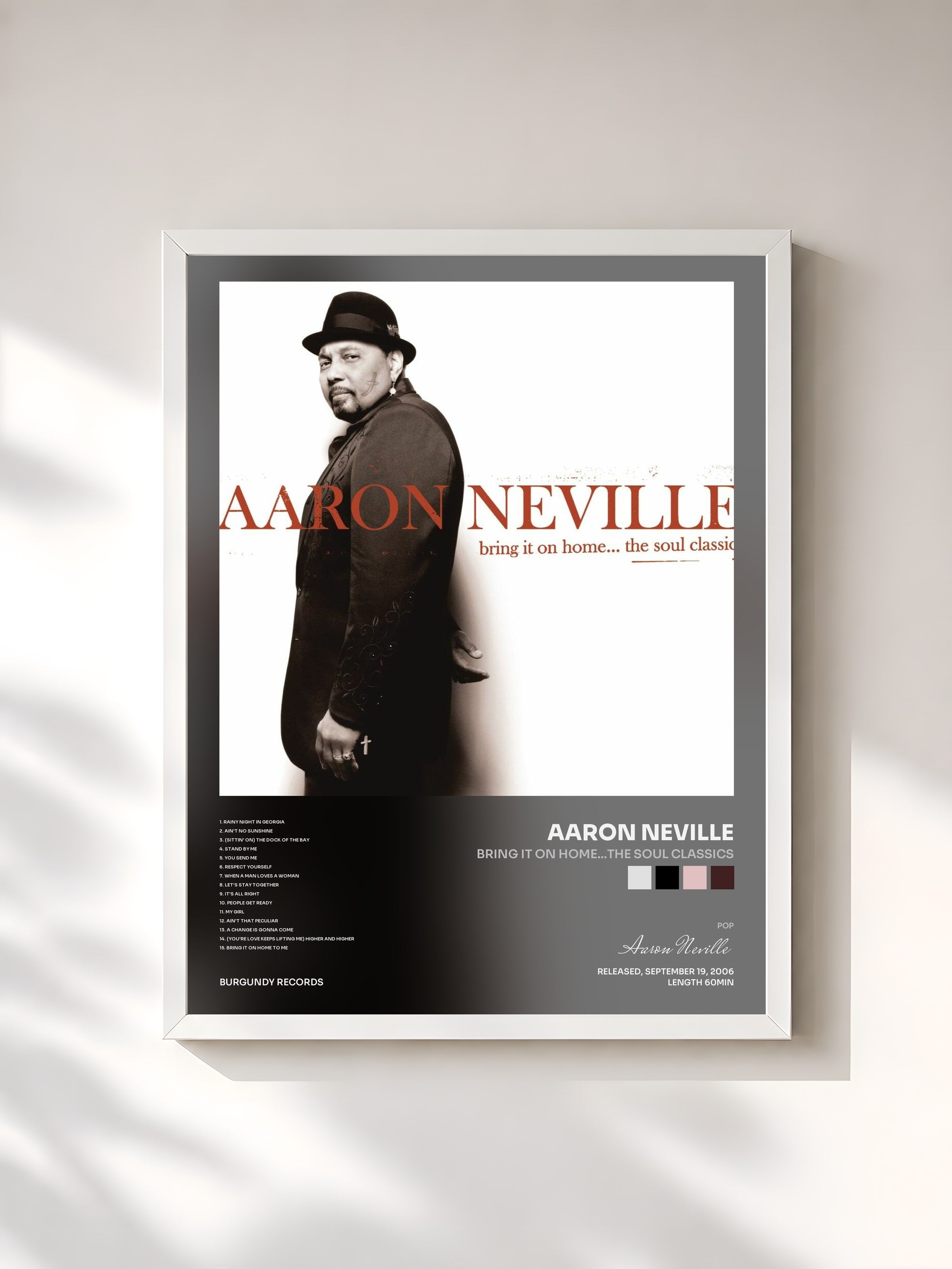 #blanc Tableau de l'album Bring It On Home...The Soul Classics de Aaron Neville, cadre blanc, imprimé et encadré en France