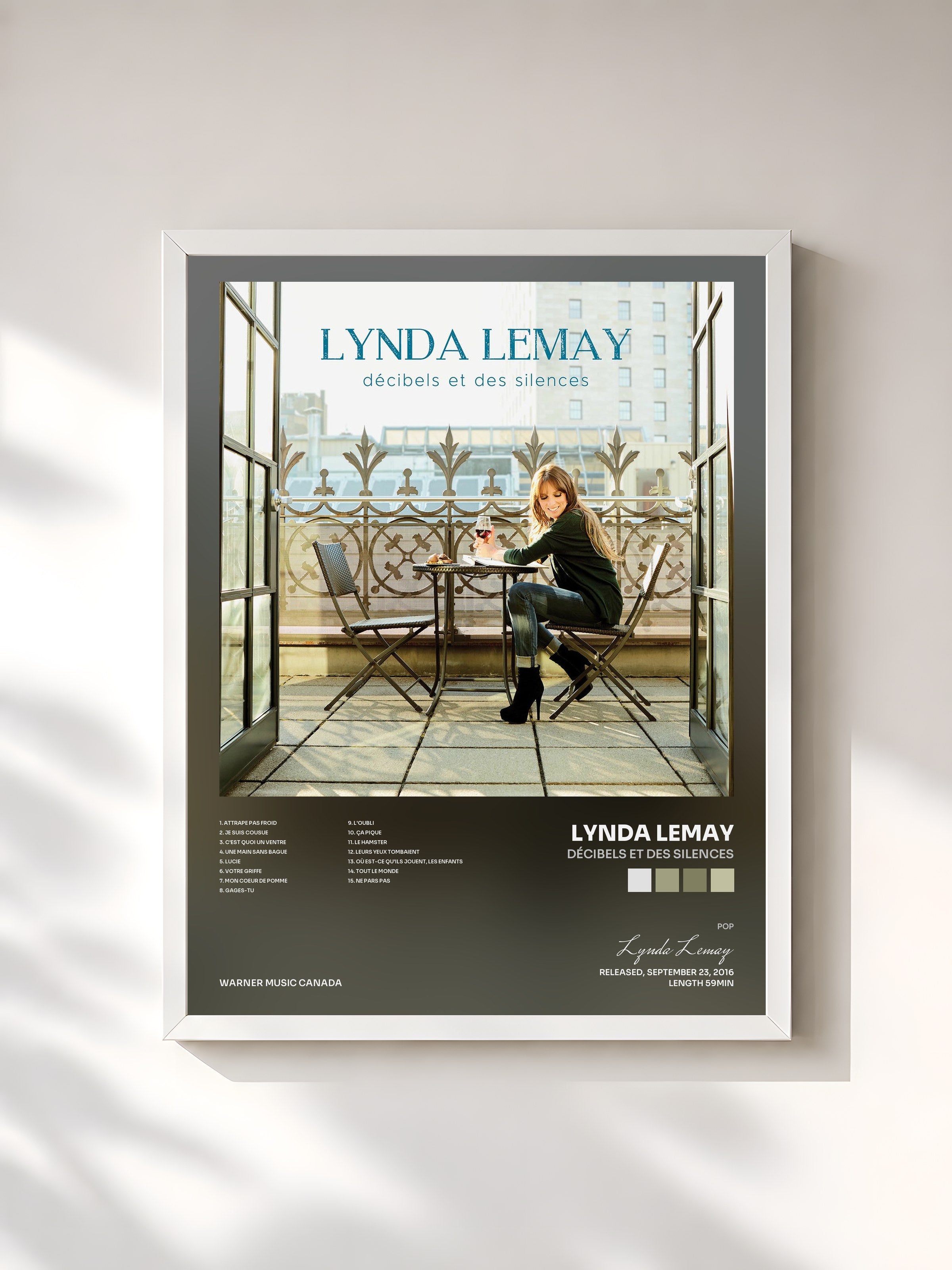 #blanc Tableau de l'album Décibels et des silences de Lynda Lemay, cadre blanc, imprimé et encadré en France
