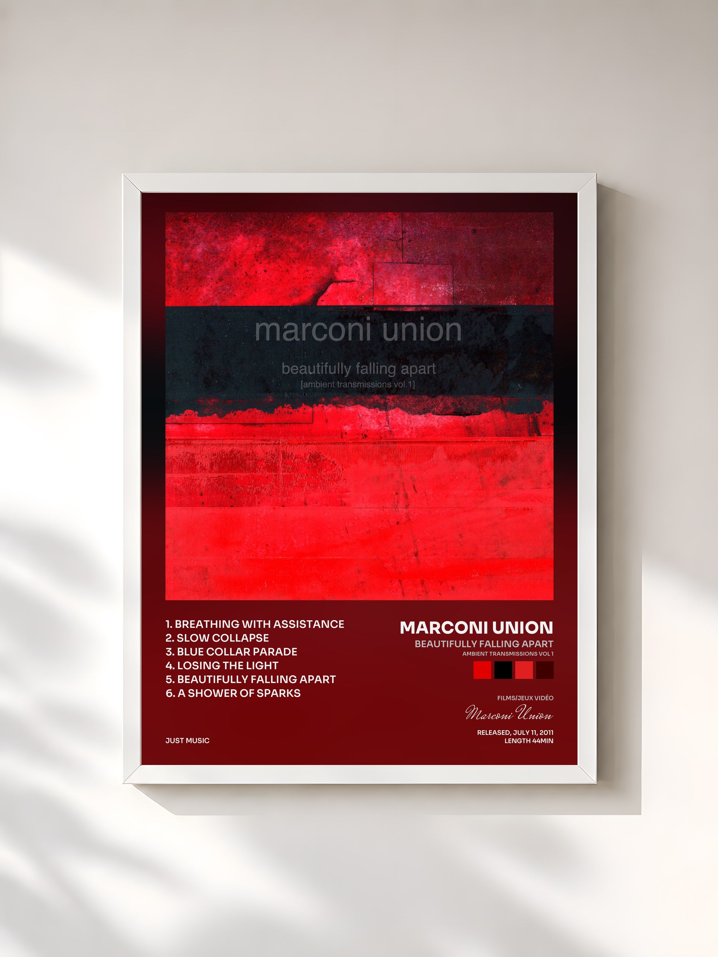 #blanc Tableau de l'album Beautifully Falling Apart (Ambient Transmissions Vol 1) de Marconi Union, cadre blanc, imprimé et encadré en France