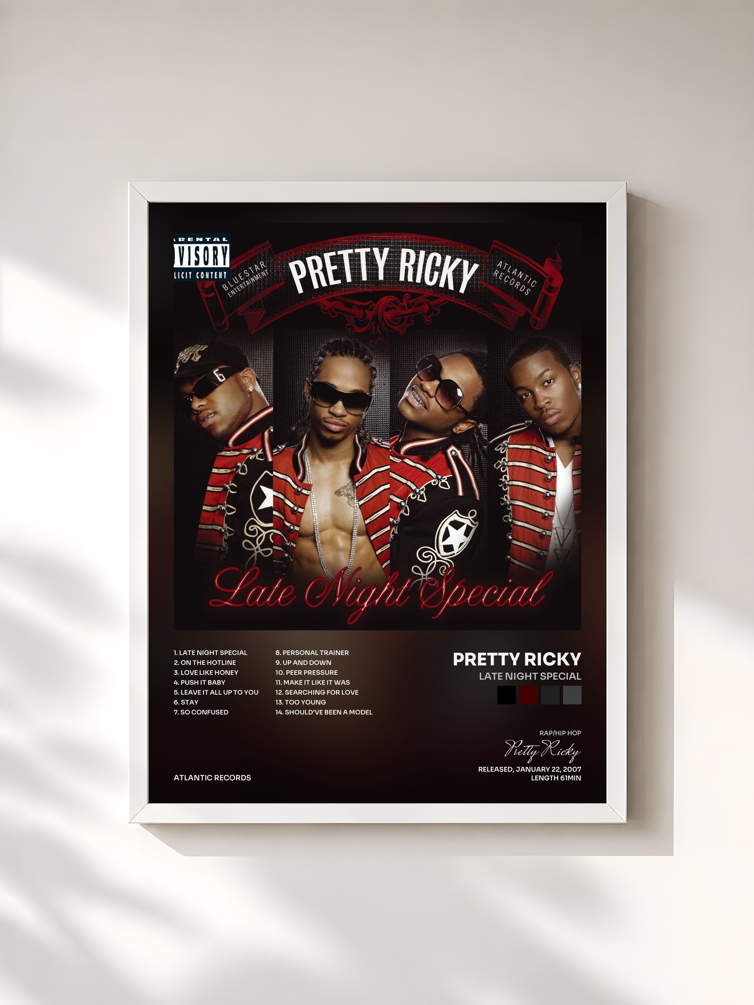 #blanc Tableau de l'album Late Night Special de Pretty Ricky, cadre blanc, imprimé et encadré en France