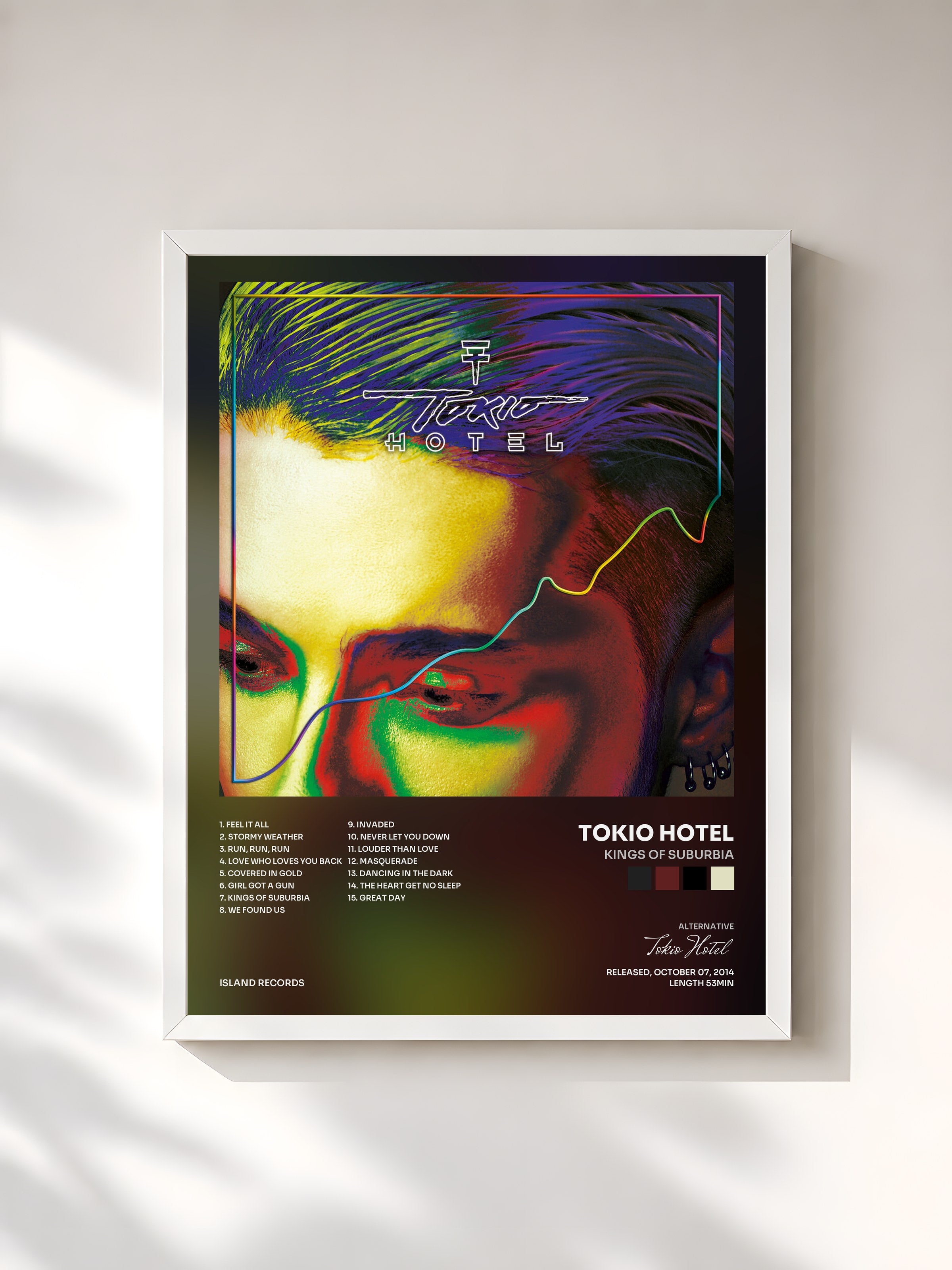 #blanc Tableau de l'album Kings Of Suburbia de Tokio Hotel, cadre blanc, imprimé et encadré en France