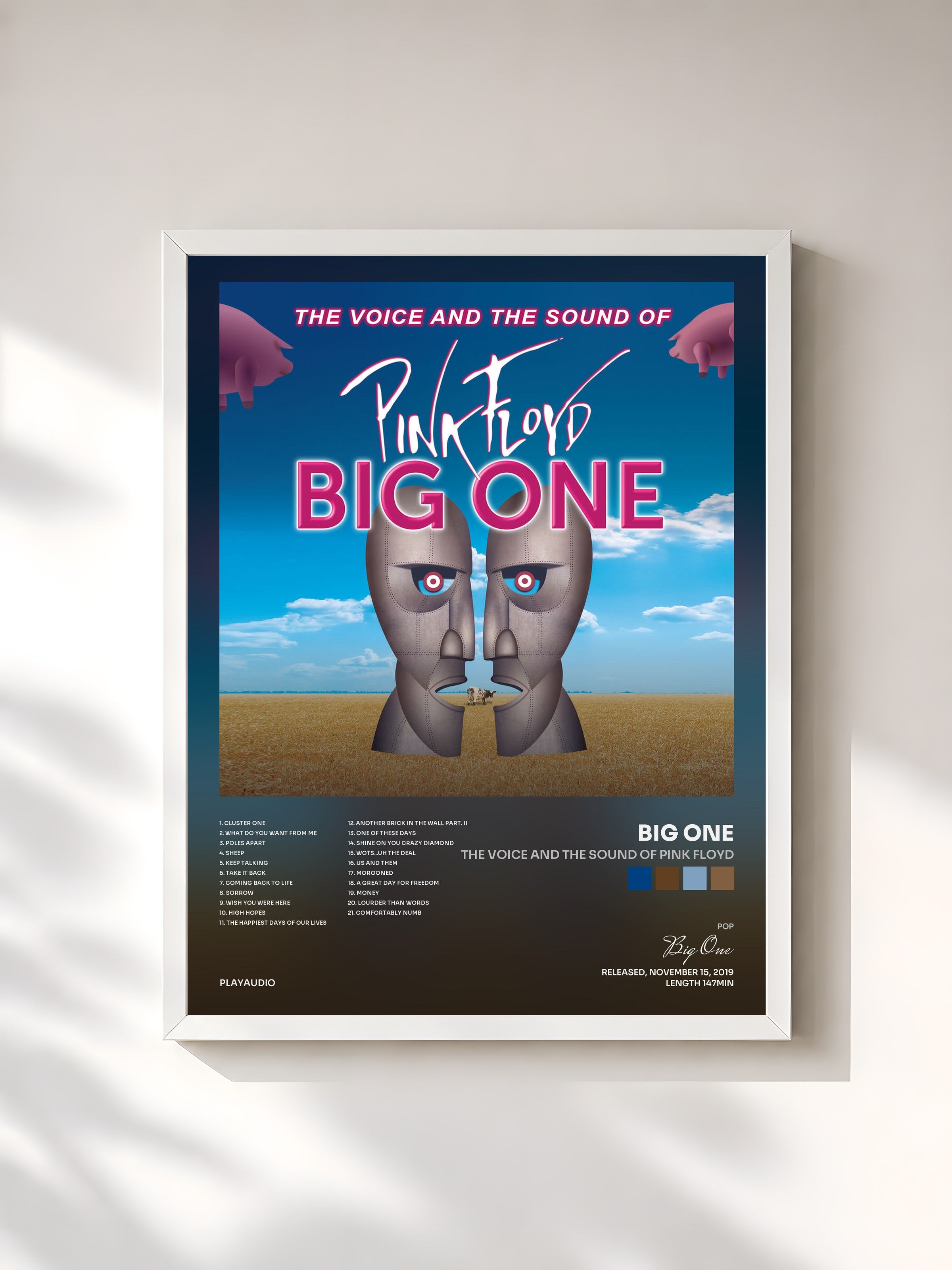 #blanc Tableau de l'album The Voice and the Sound of Pink Floyd de Big One, cadre blanc, imprimé et encadré en France