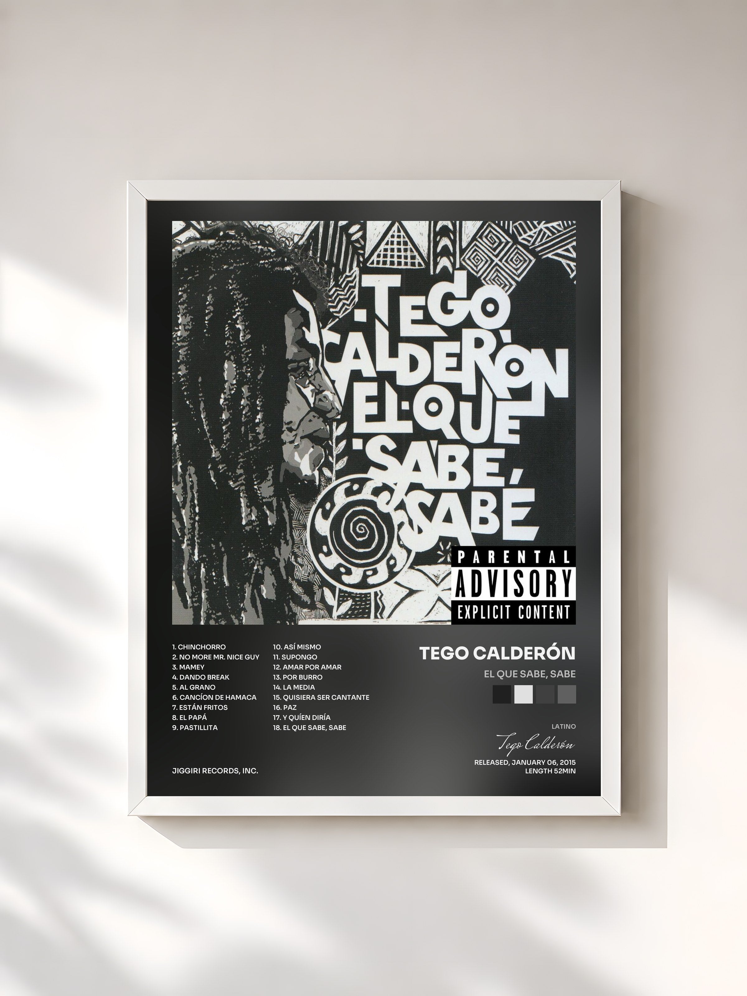 #blanc Tableau de l'album El Que Sabe, Sabe de Tego Calderón, cadre blanc, imprimé et encadré en France