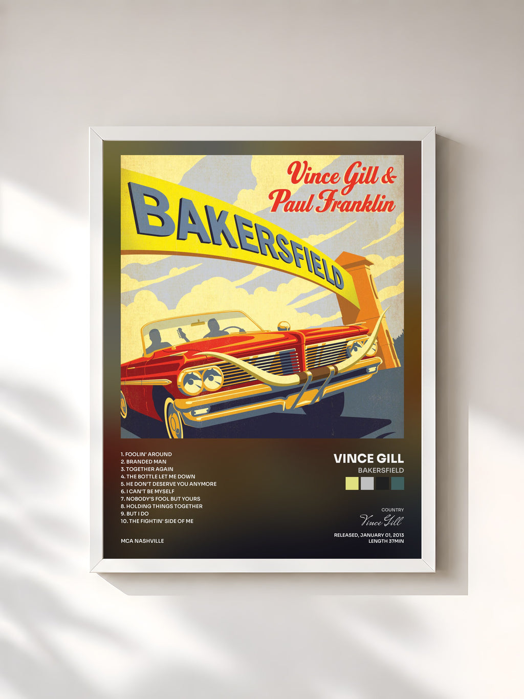 #blanc Tableau de l'album Bakersfield de Vince Gill, cadre blanc, imprimé et encadré en France