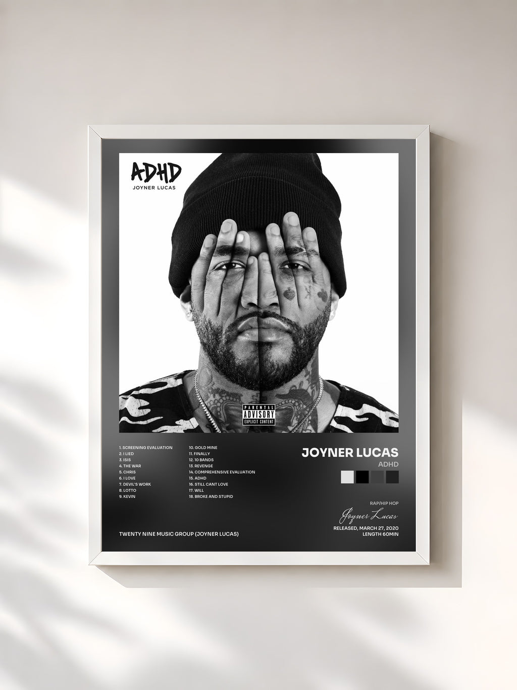 #blanc ADHD by Joyner Lucas as a framed art print, white frame, printed and framed in France