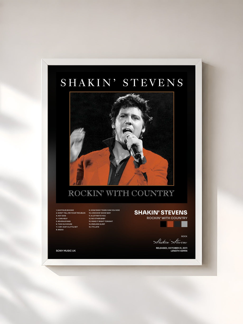 #blanc Tableau de l'album Rockin' With Country de Shakin' Stevens, cadre blanc, imprimé et encadré en France