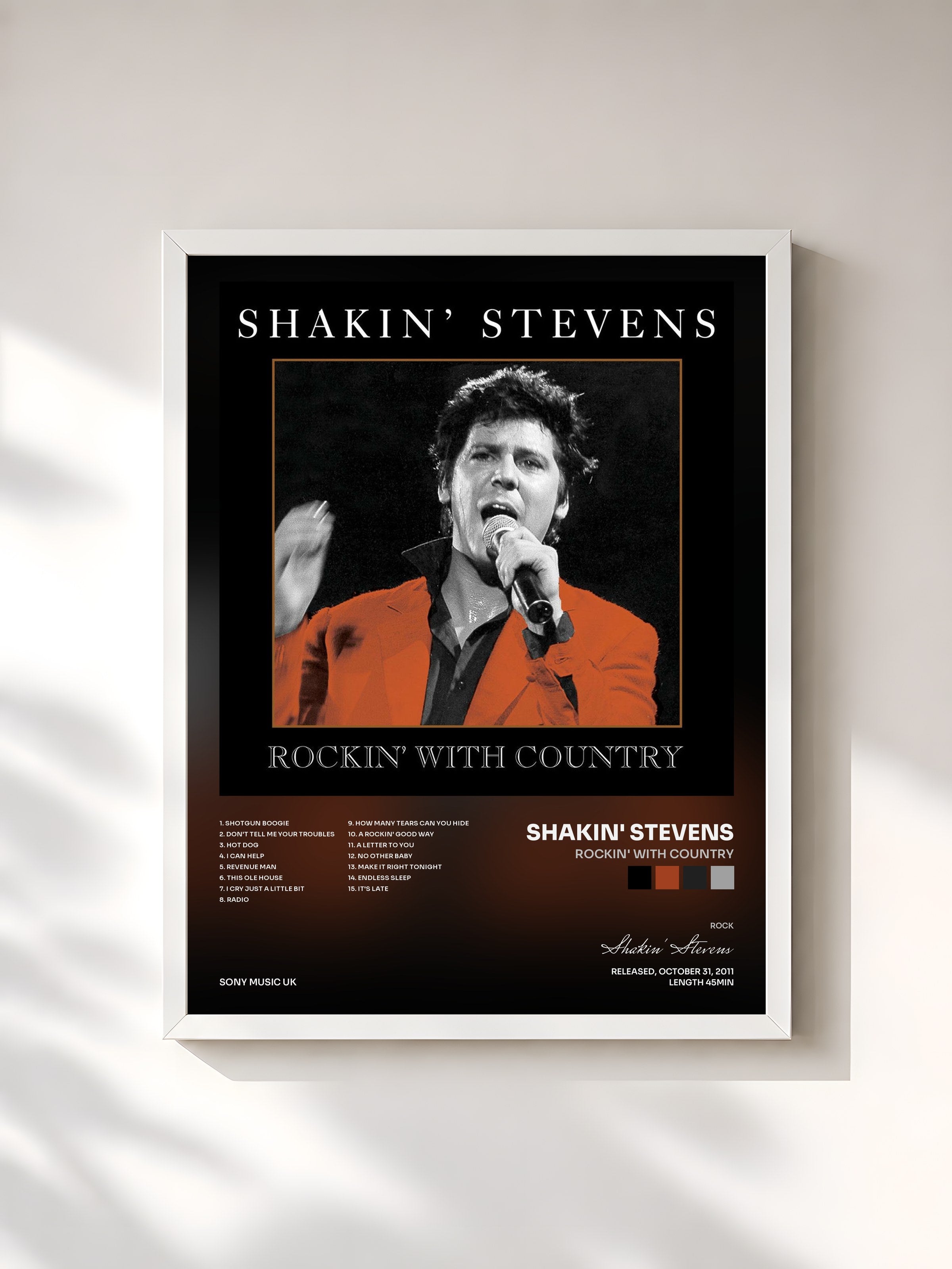 #blanc Tableau de l'album Rockin' With Country de Shakin' Stevens, cadre blanc, imprimé et encadré en France