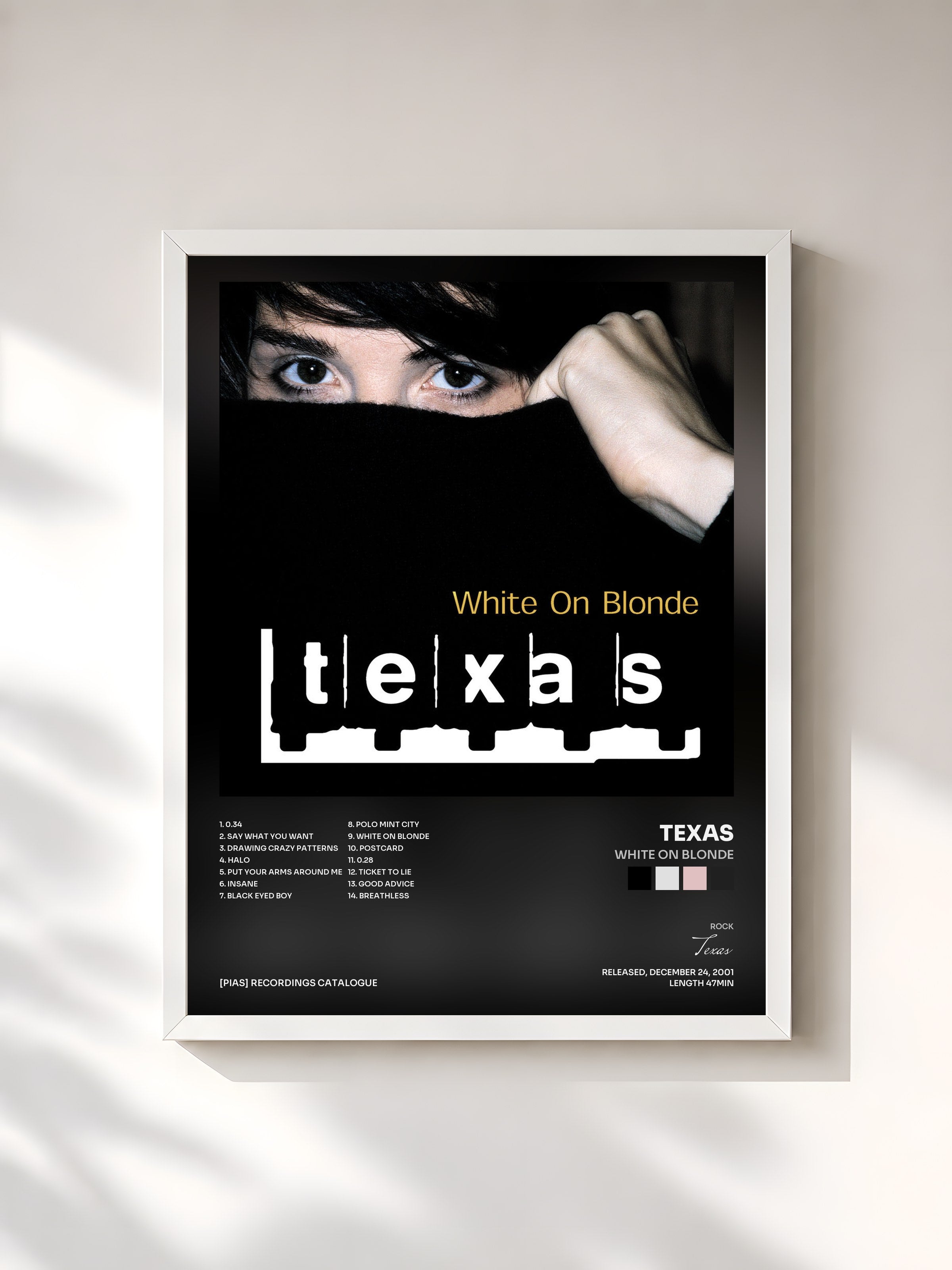 #blanc Tableau de l'album White On Blonde de Texas, cadre blanc, imprimé et encadré en France