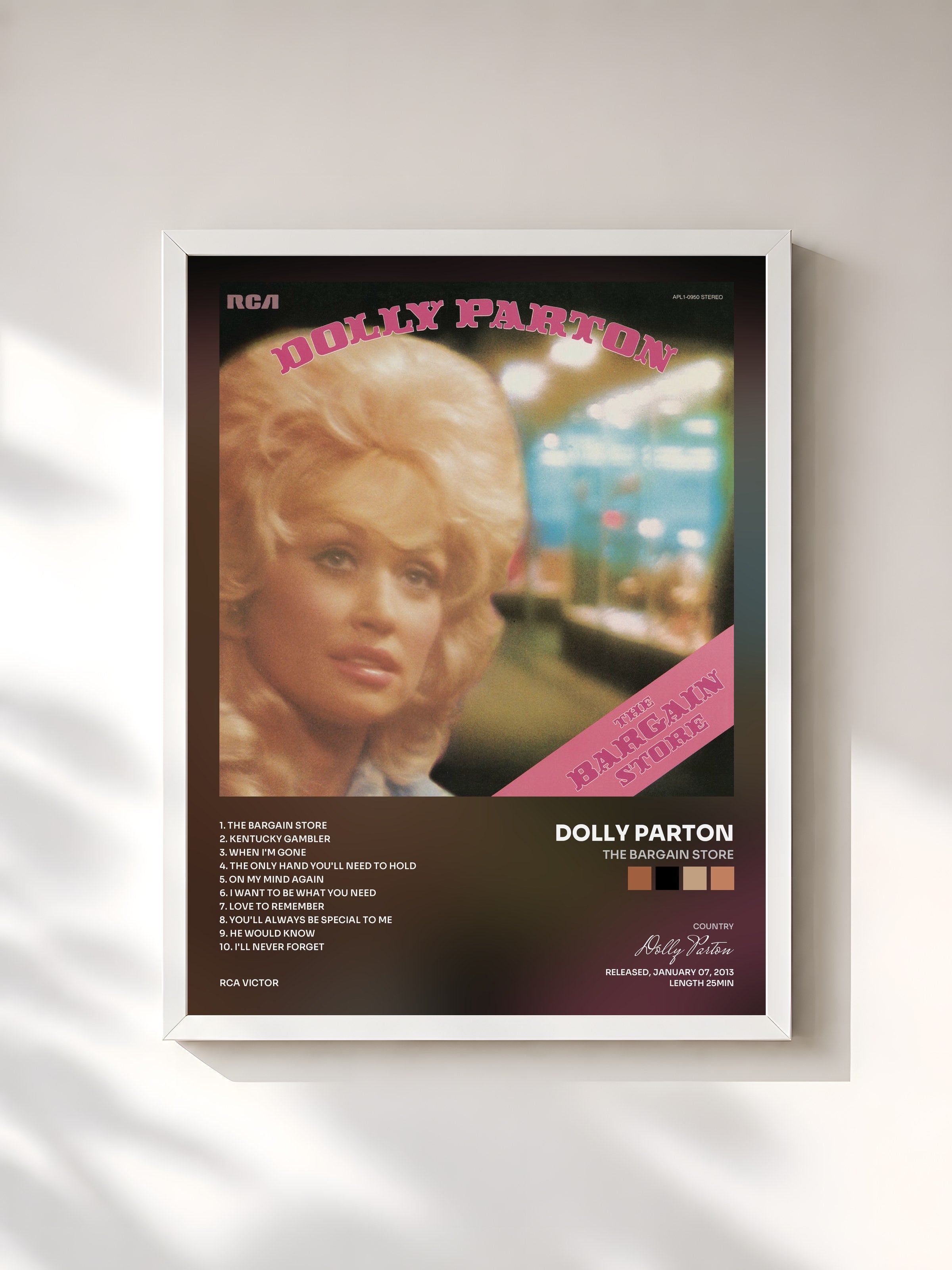 #blanc Tableau de l'album The Bargain Store de Dolly Parton, cadre blanc, imprimé et encadré en France