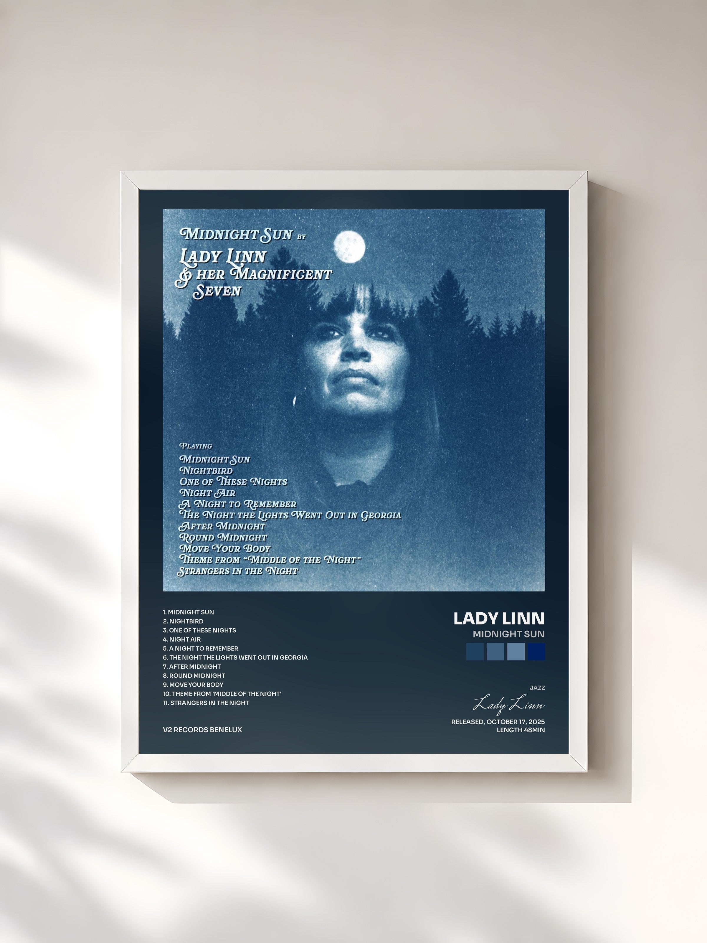 #blanc Tableau de l'album Midnight Sun de Lady Linn, cadre blanc, imprimé et encadré en France